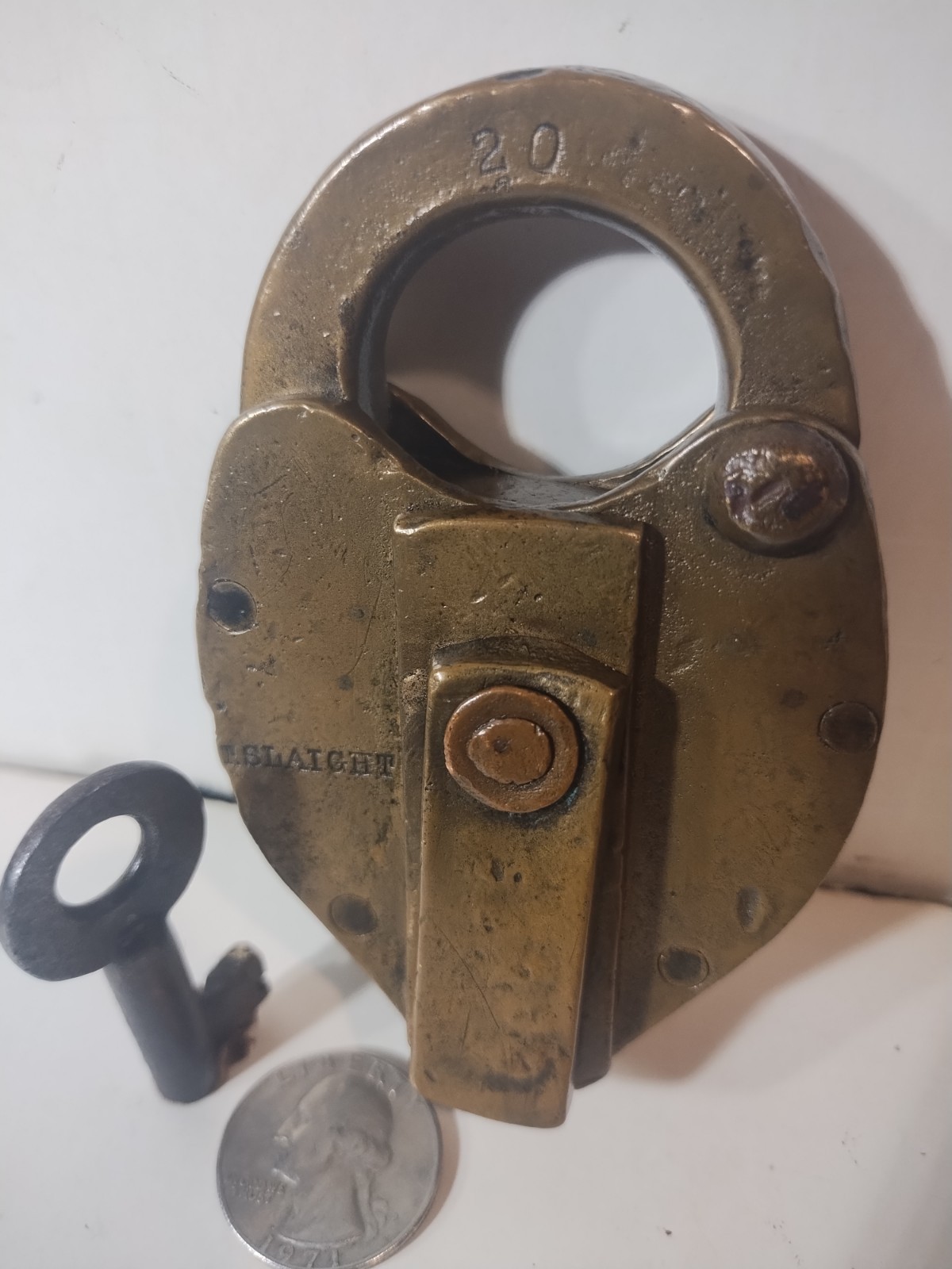 Rare Antique T Slaight Padlock w Skeleton Key Works Heavy