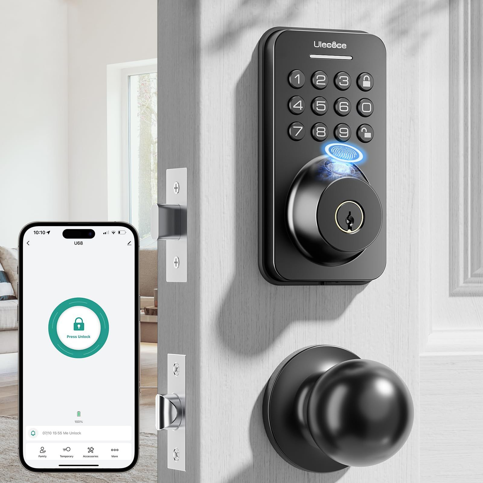 Ulecoce Fingerprint Keypad Deadbolt with Knob Set, Keyless Entry /, Black