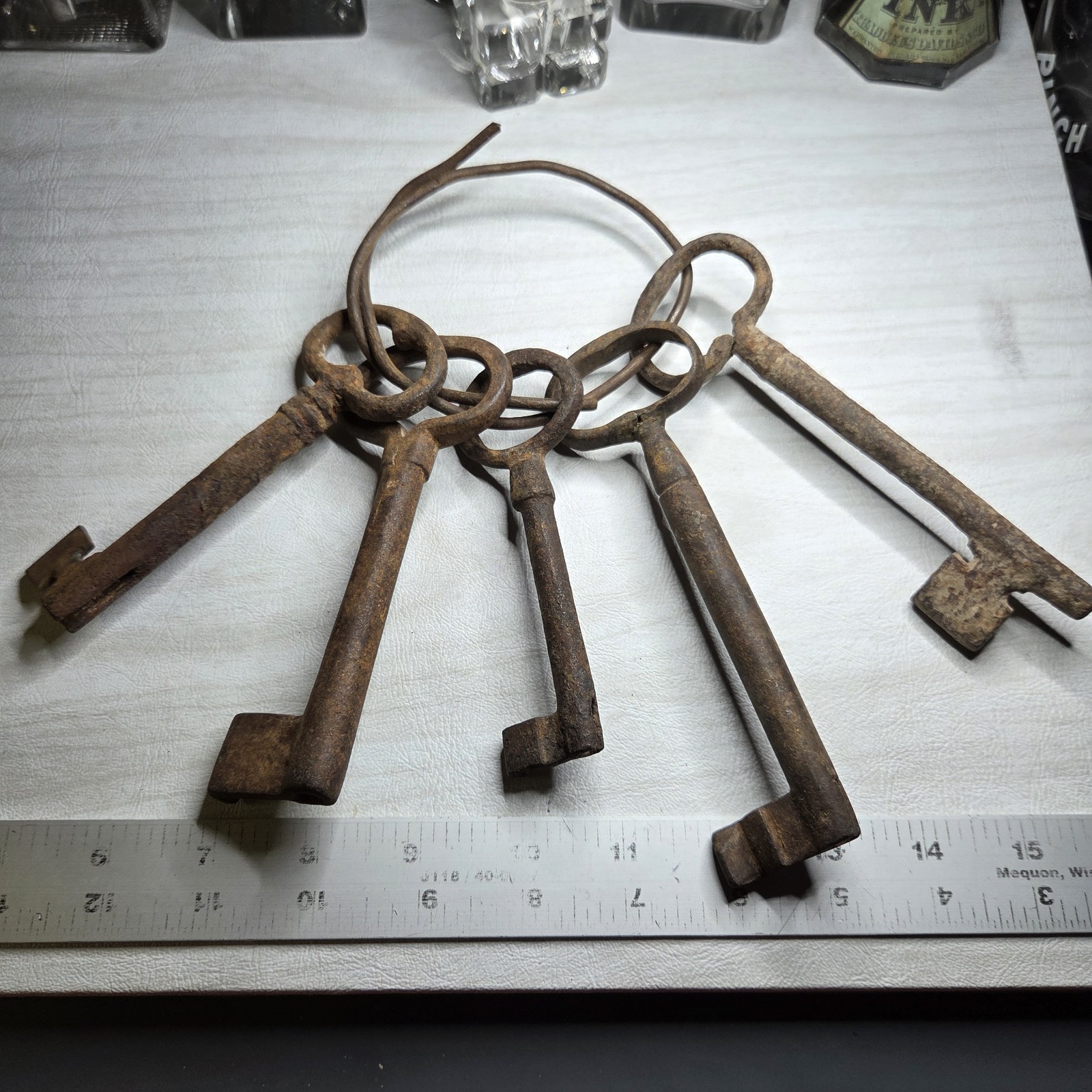 Antique Original Iron Skeleton Key Ring Large Jailer Keys Rustic Decor