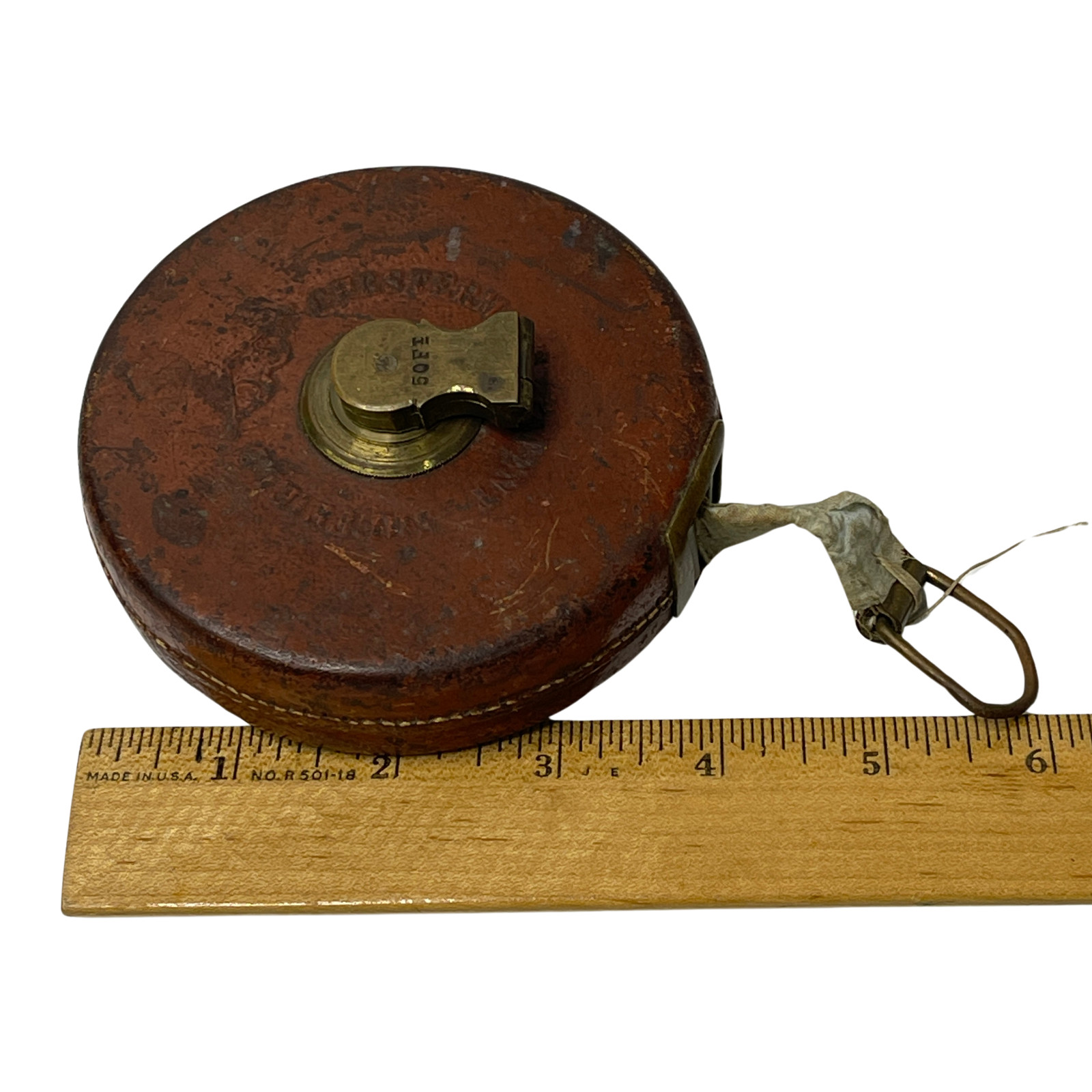 Vintage Chesterman Sheffield England Leather & Brass 50 Ft Tape Measure