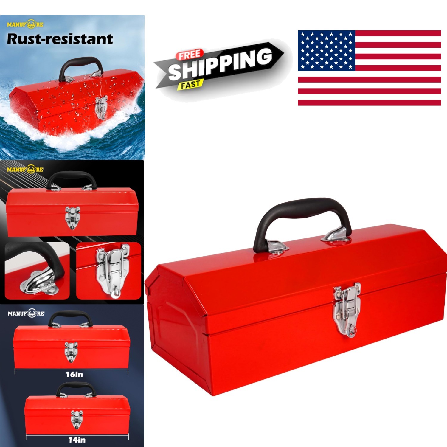Sturdy 16 Inch Metal Tool Box with Full Length Hinge for Easy Access and Storage