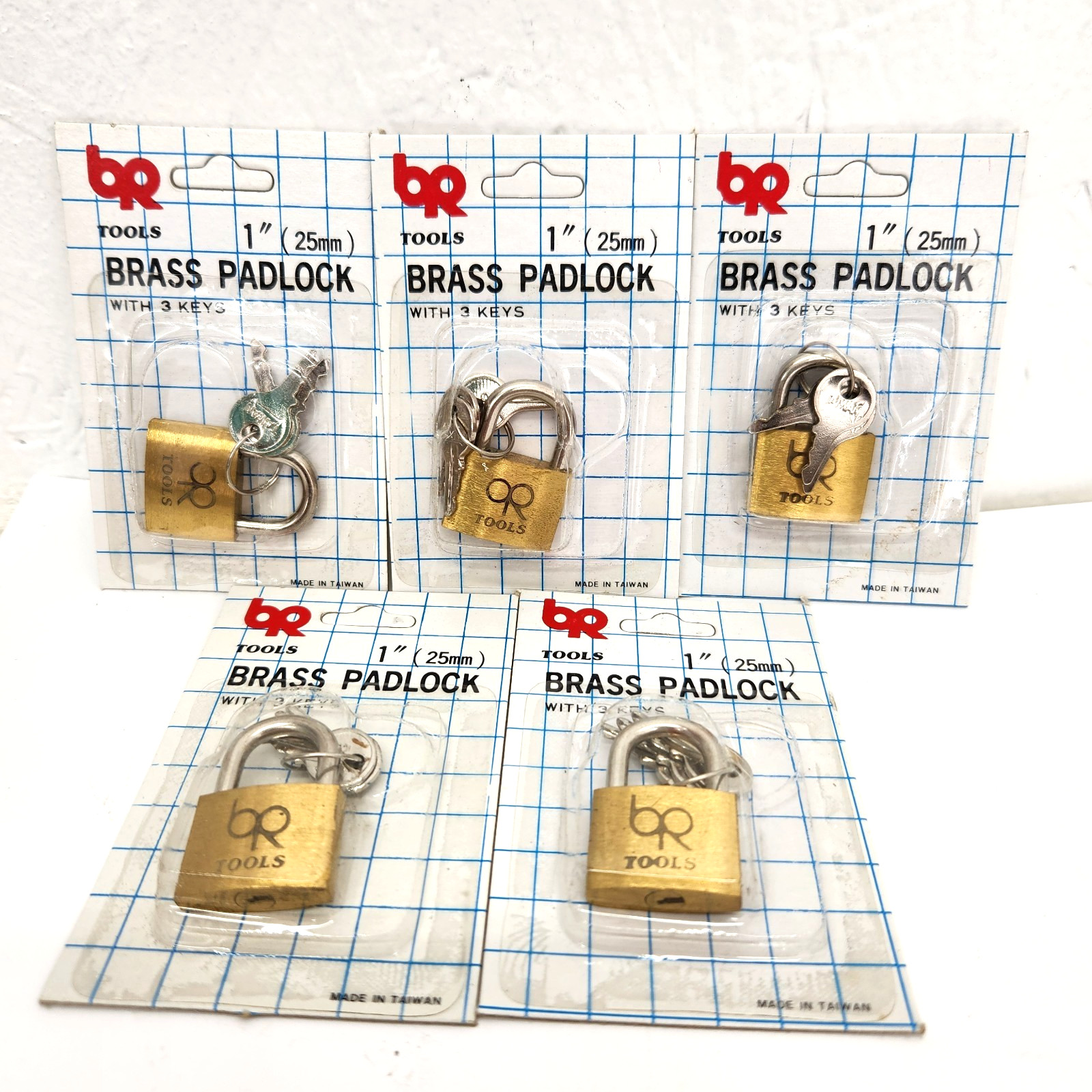 Lot of 5 Genuine BR Tools Miniature Brass Padlock Lock 3 Keys 1 In. Big ~ R1S2B3