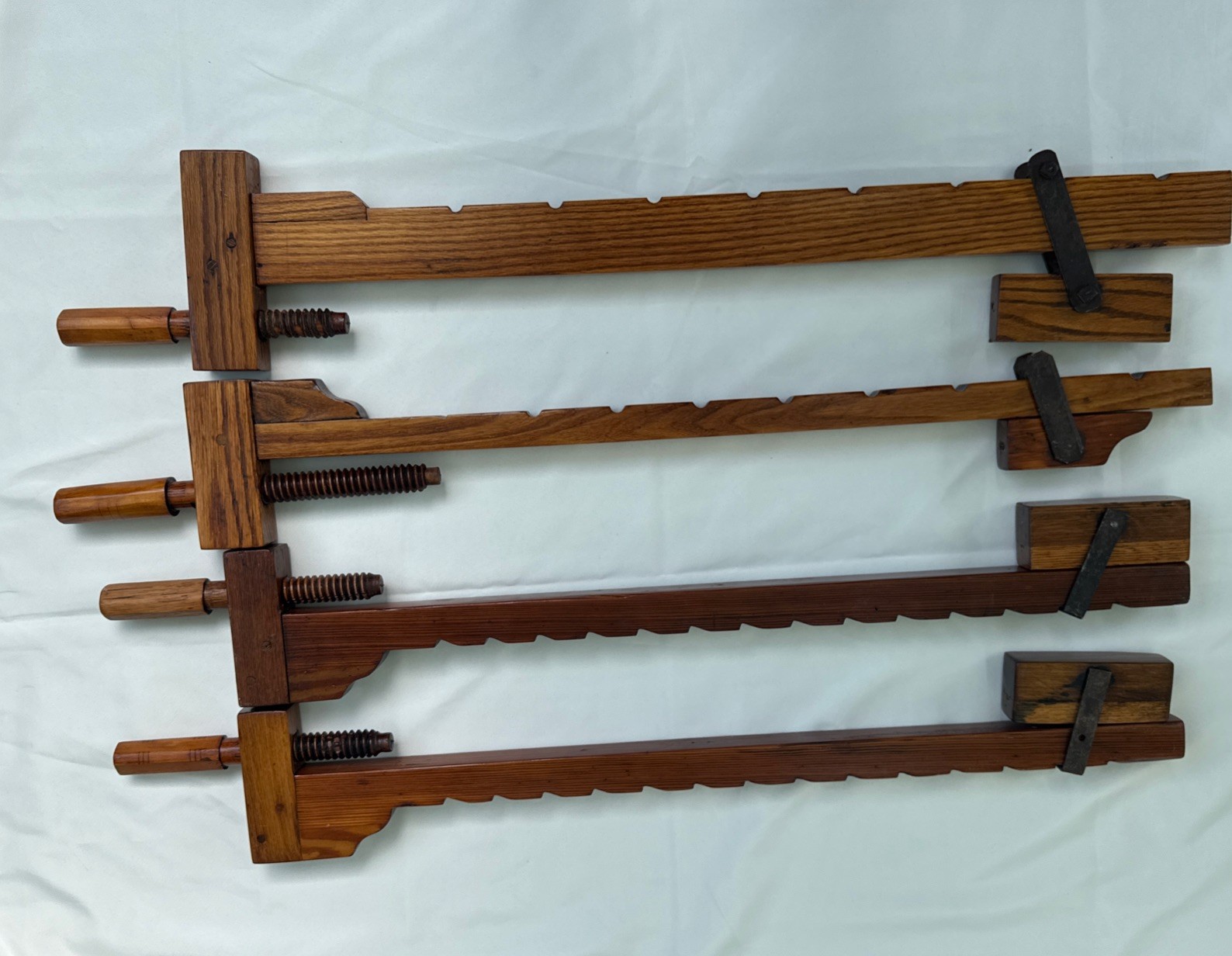 4 Vtg 36” Wooden Bar Clamps Hand Made Complete Primitive Tools Wood Oak Pine