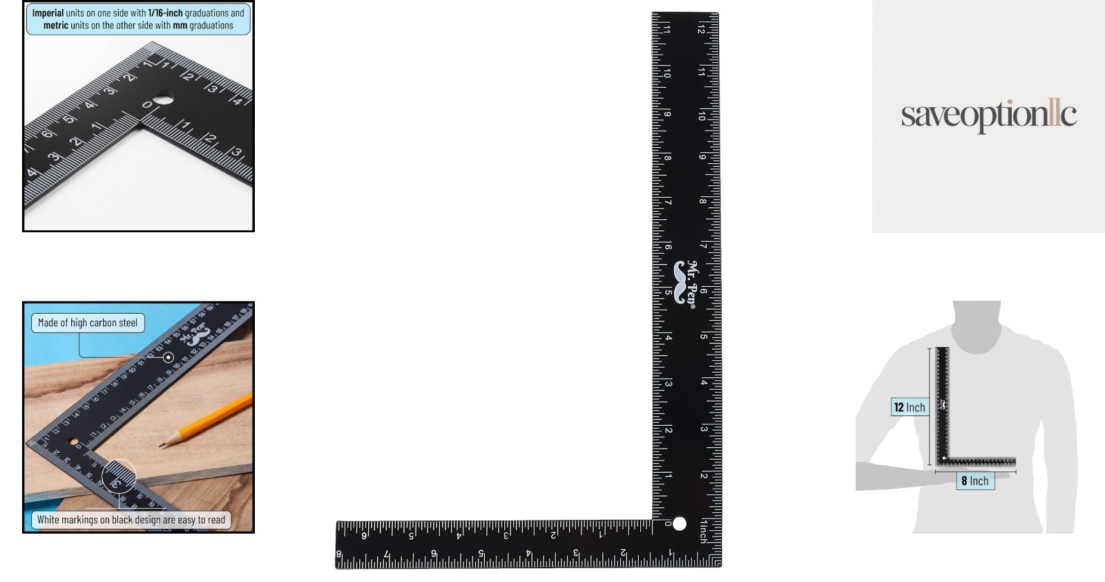 Black L Shape Ruler – 8″ x 12″ Steel Square for Accurate Framing and Layouts