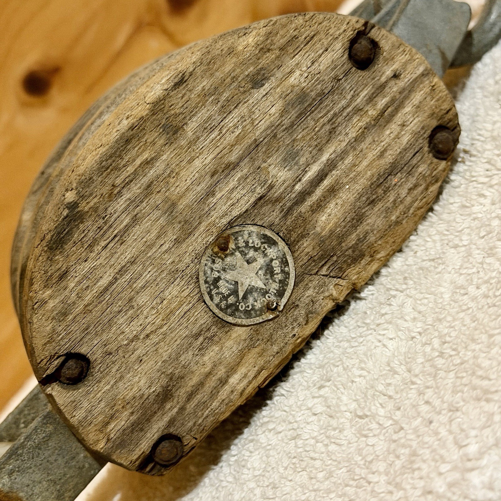 Antique Boston&Lockport Co Double Block & Tackle Wood&Iron Hook Pulley Wheel Vtg