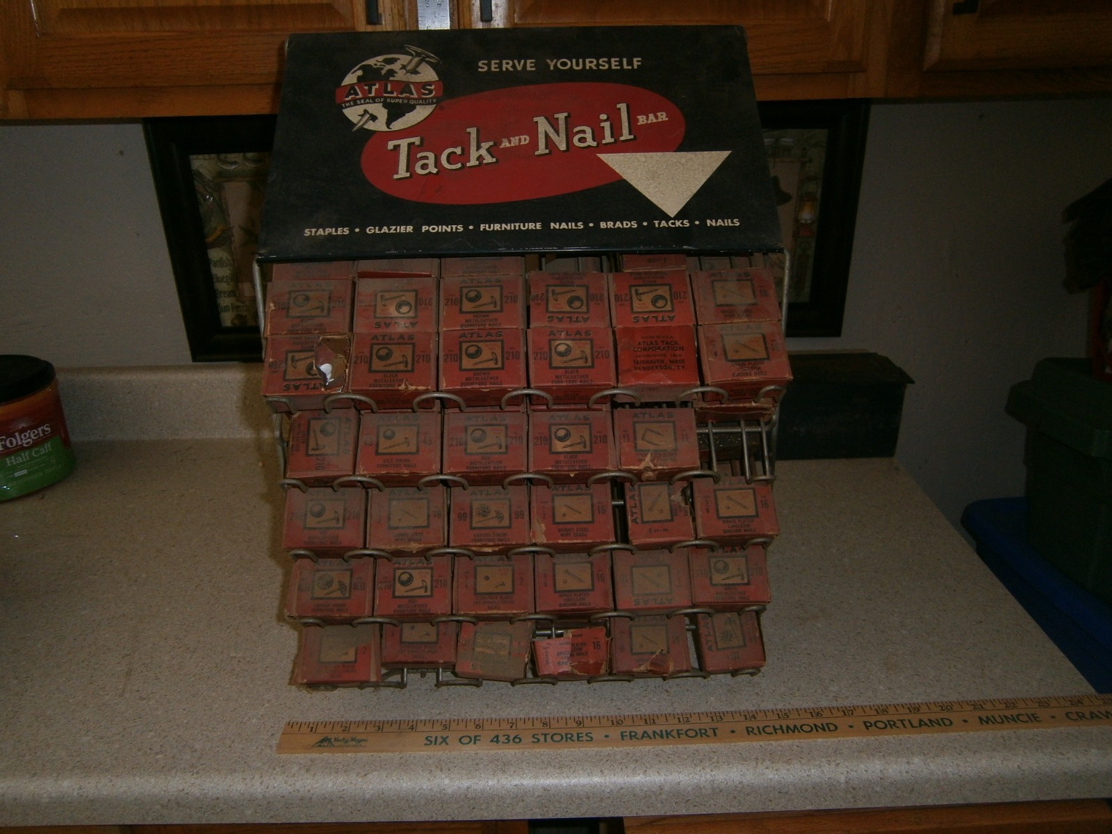 Vintage Atlas Tack And Nail Countertop Display Rack Metal Advertising Sign +