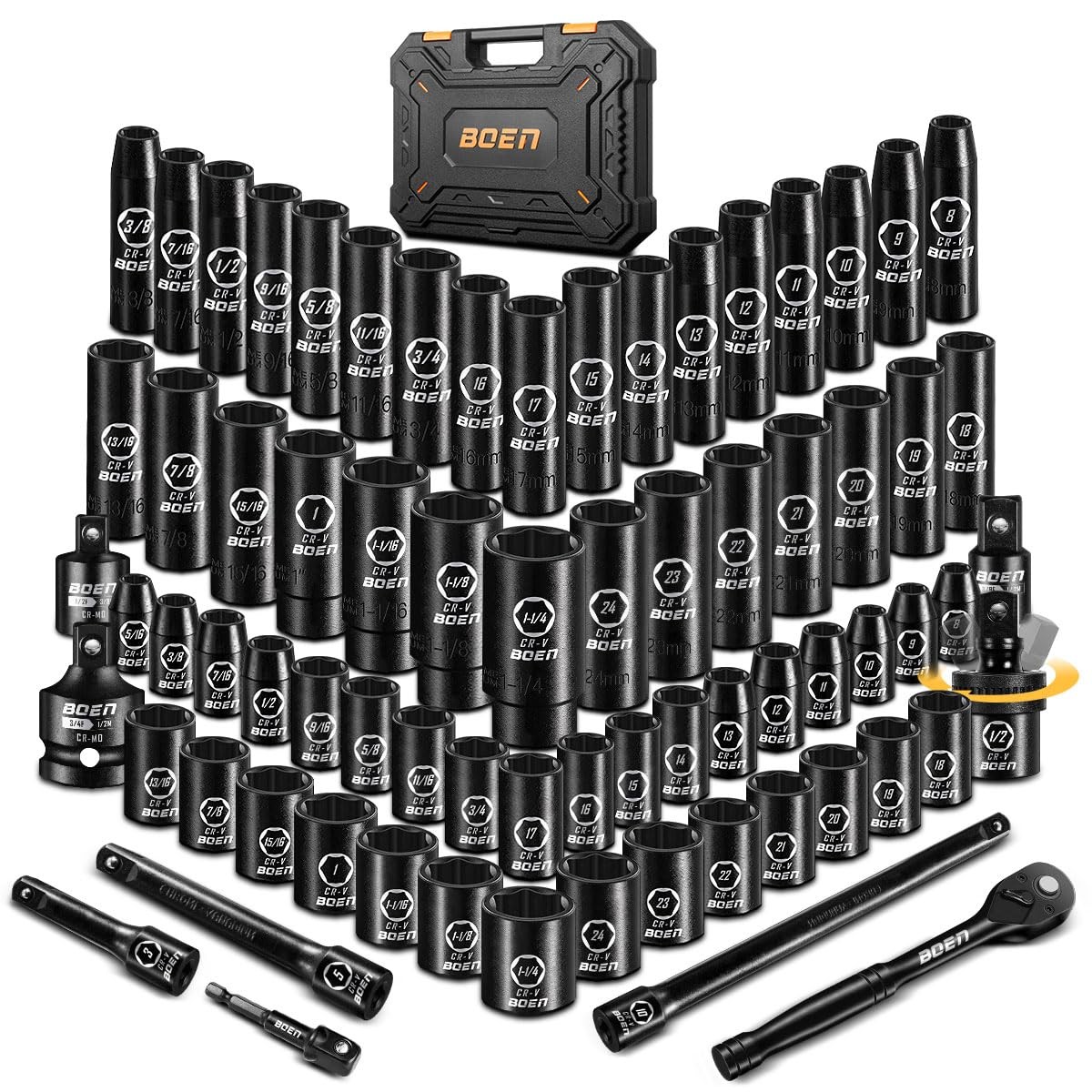BOEN 72pc 1/2″ Drive Impact Socket Set SAE Metric Deep