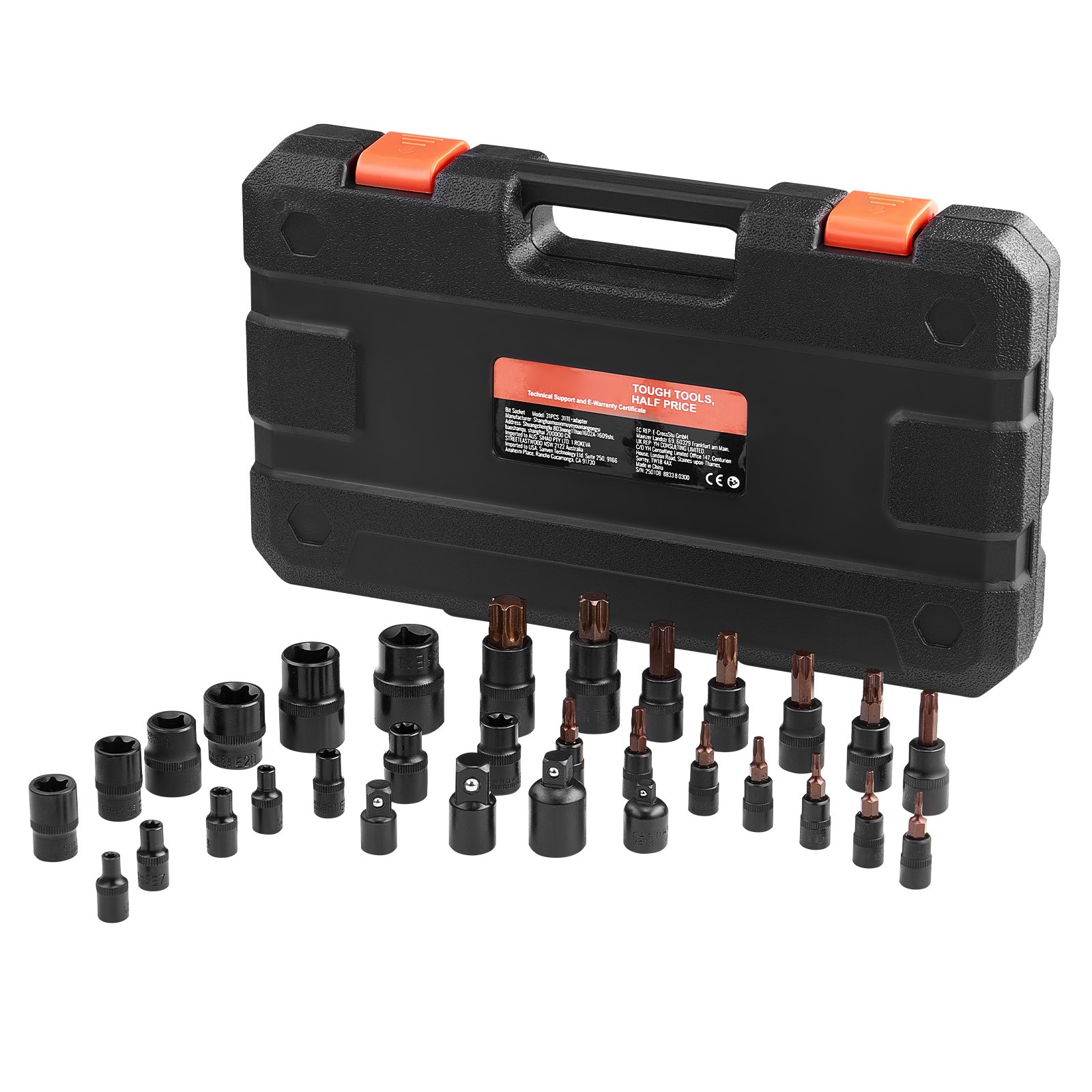 31-Piece Torx Bit Socket Set T8-T70 E4-E24 1/4 3/8 1/2 in Drive