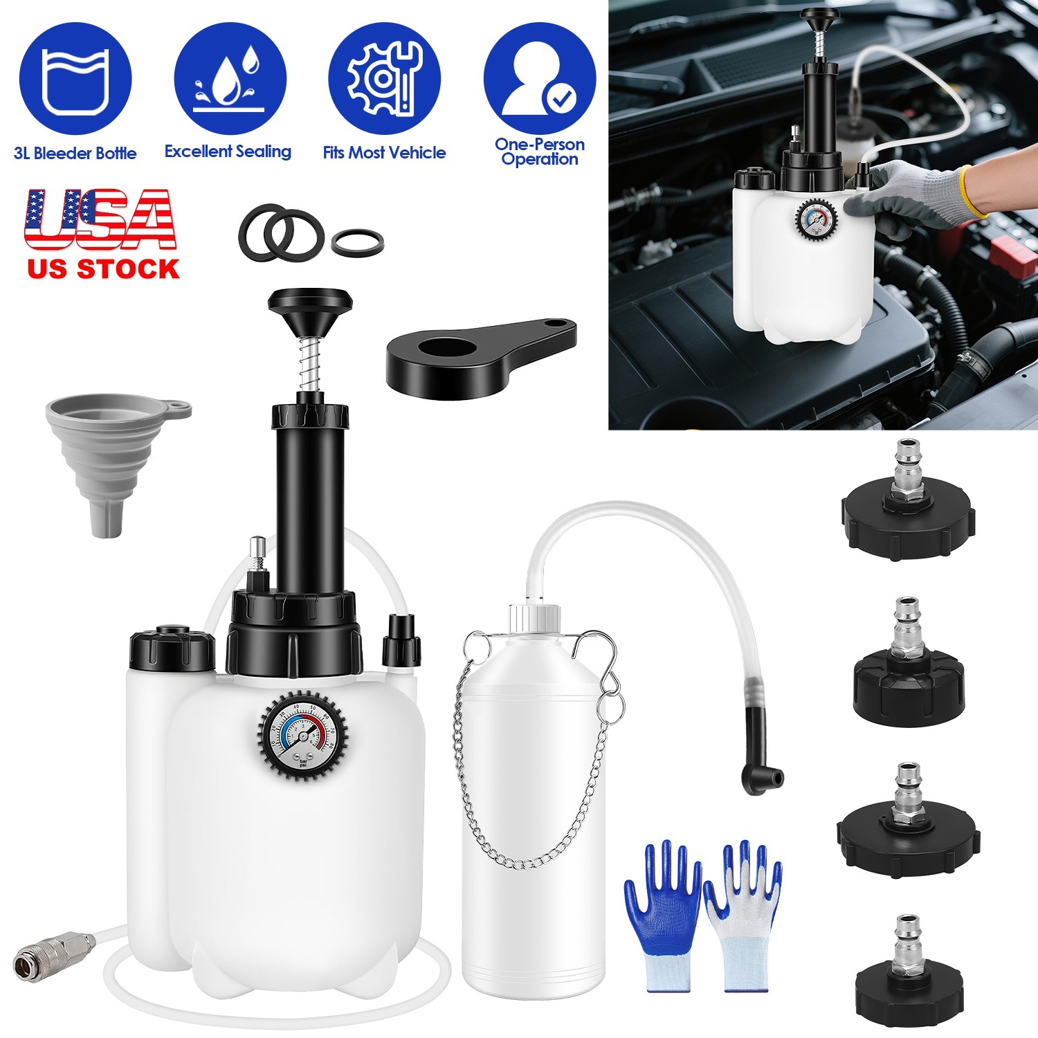 3L Manual Brake Bleeder Kit w/ Waste Fluid Bottle Portable Automotive Brake
