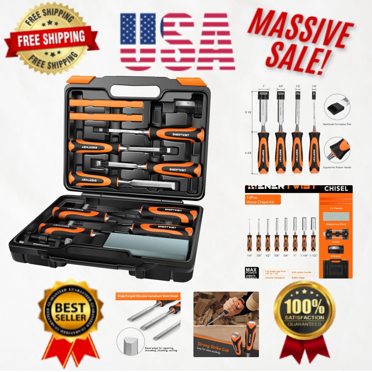 Ergonomic 13-Piece Wood Chisel Set with Accessories for Precision Woodworking
