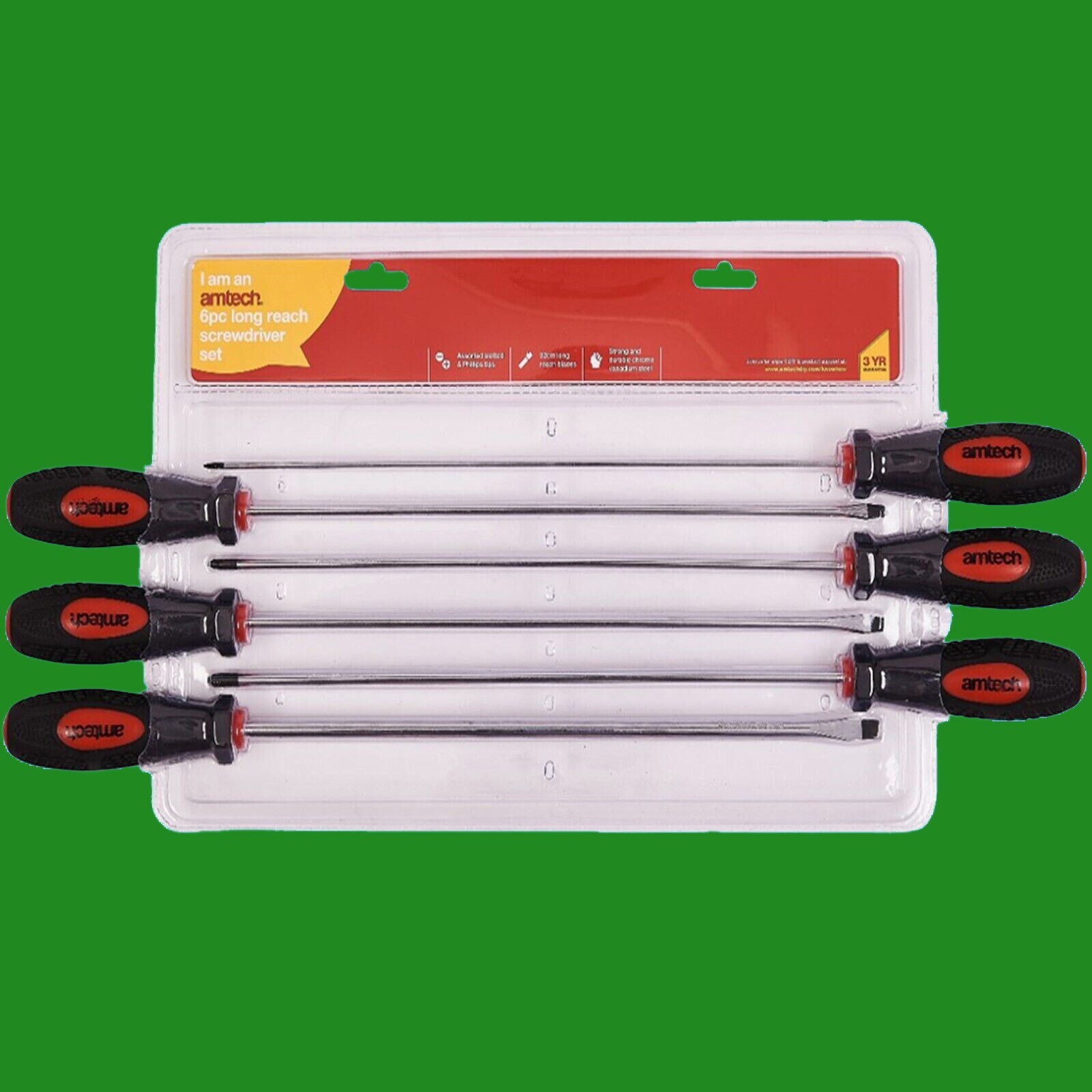 6pc 320mm Long Reach Screwdrivers Phillips & Slotted Magnetic Tips PH0 PH1 PH2