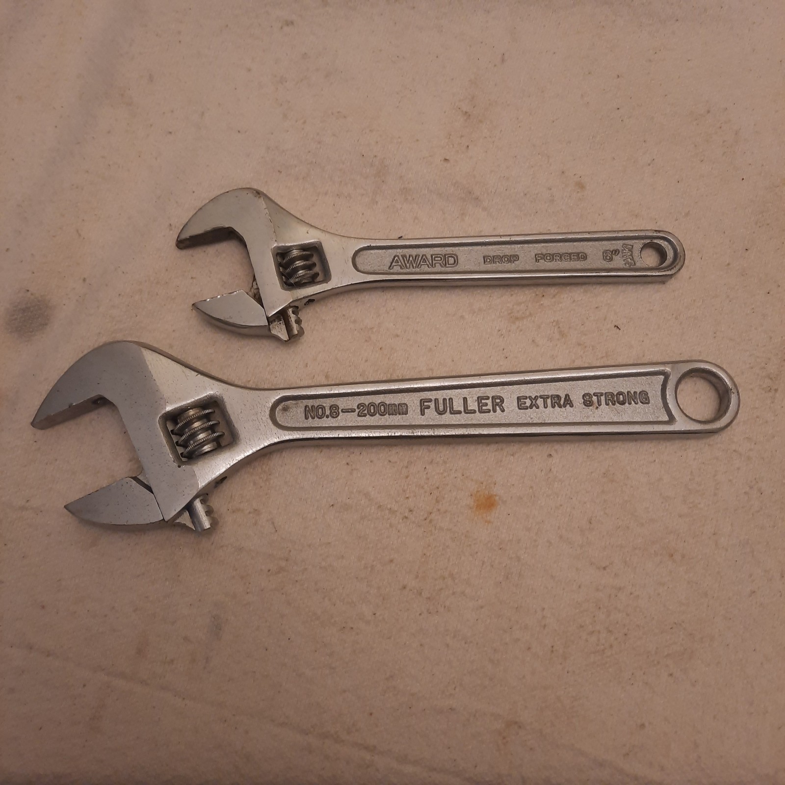 Vintage Fuller No.8 200mm & Award 6″ Adjustable Wrenches. Japan.
