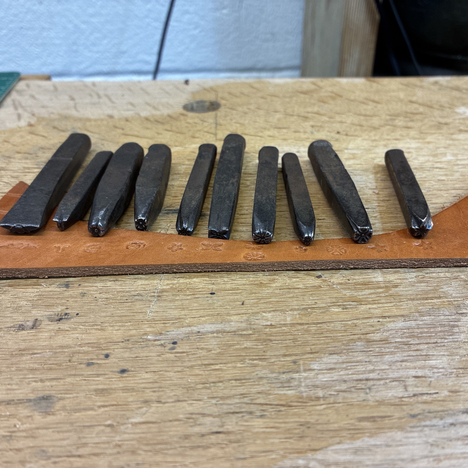 Lot Of 10 English floral punches, for Silversmiths, leather and wood