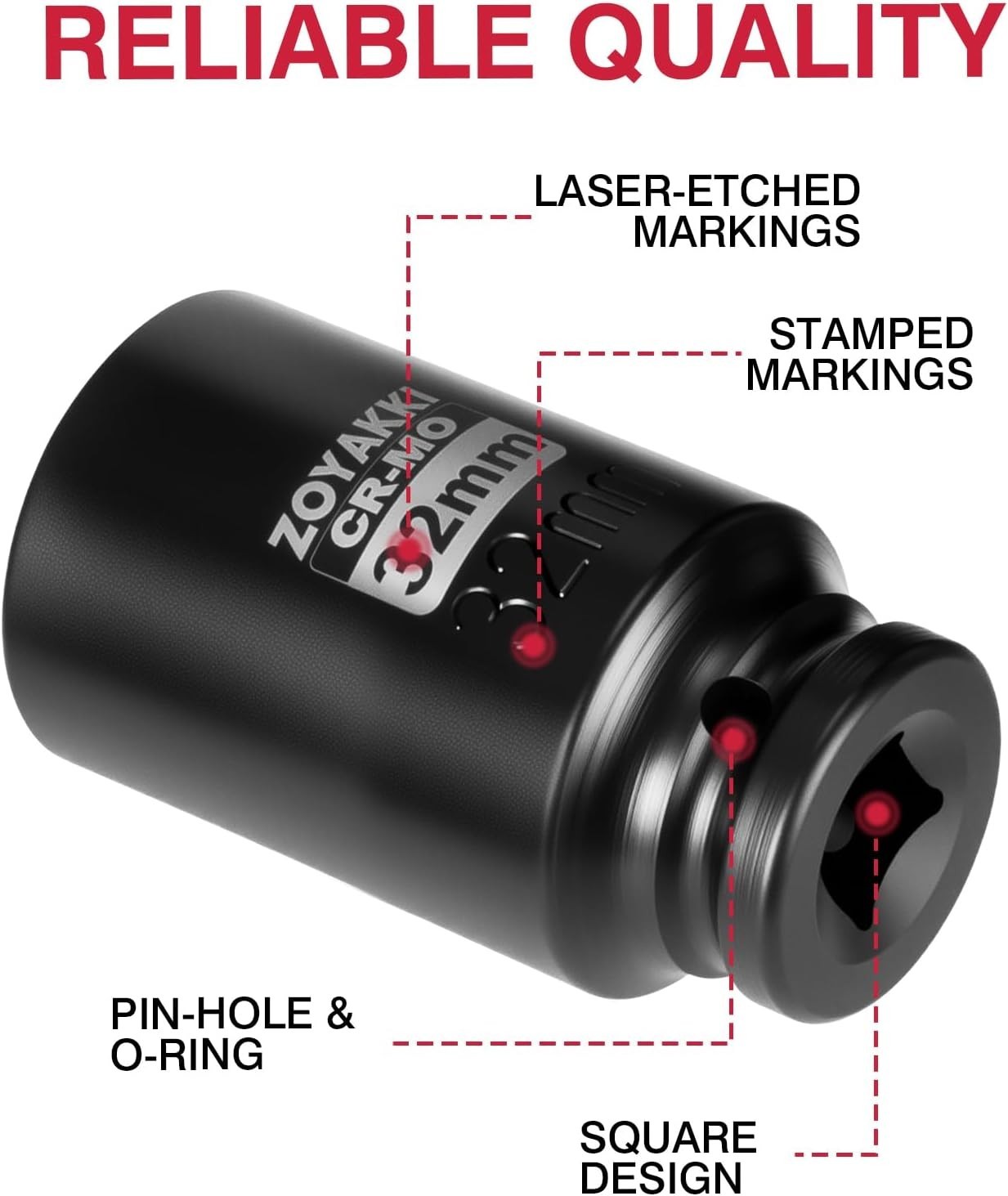 1/2″ Drive x 32 mm Deep 6 PT Impact Socket, CR-MO,1/2-inch Drive 6 Point Axle Nu
