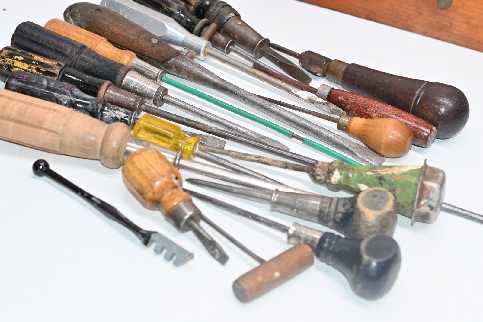 Vintage Mixed Hand Tool Lot Wooden Shop Drawer Approximately 20 Pieces