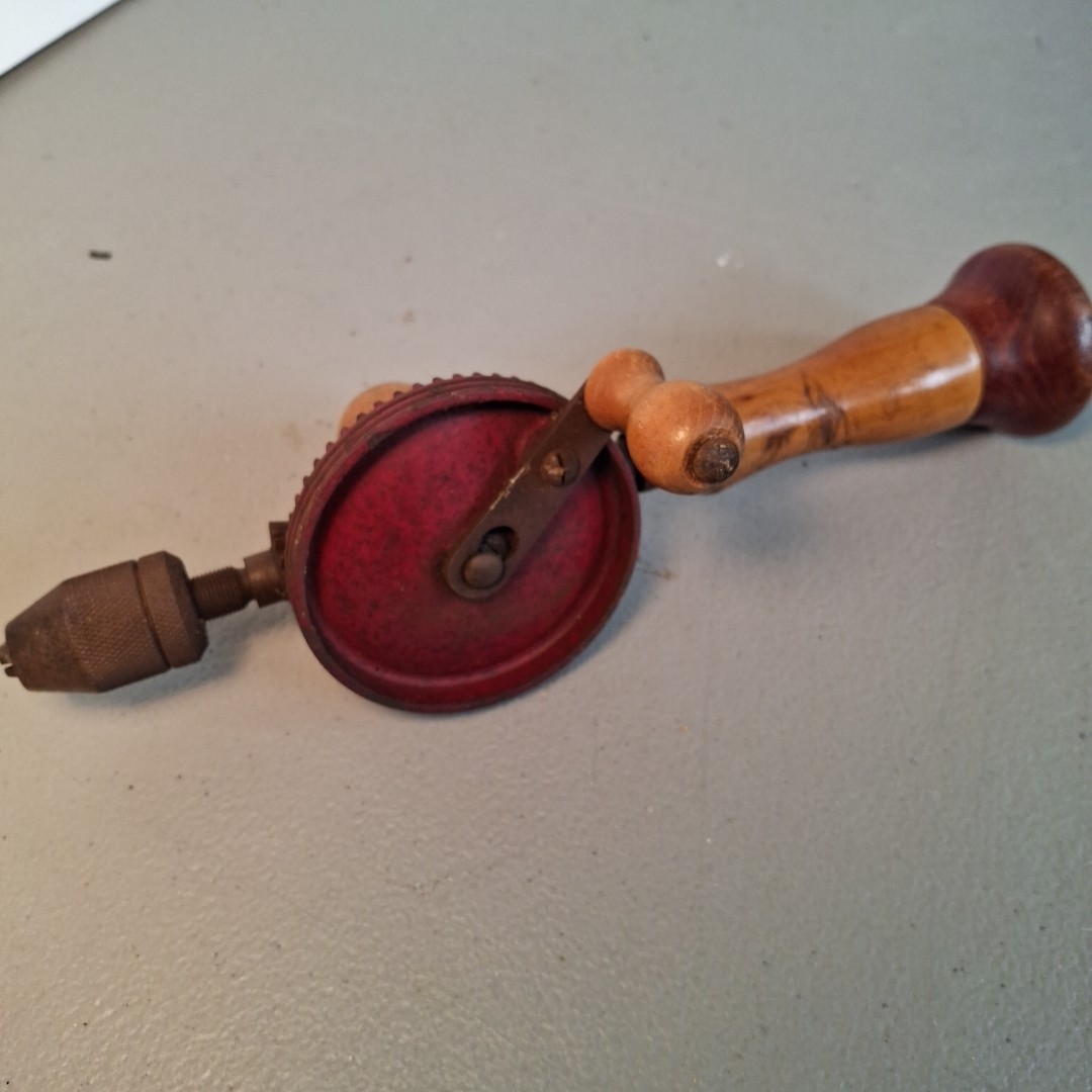 Vintage Eggbeater Type Hand Drill Iron Wood Tool USA Patina