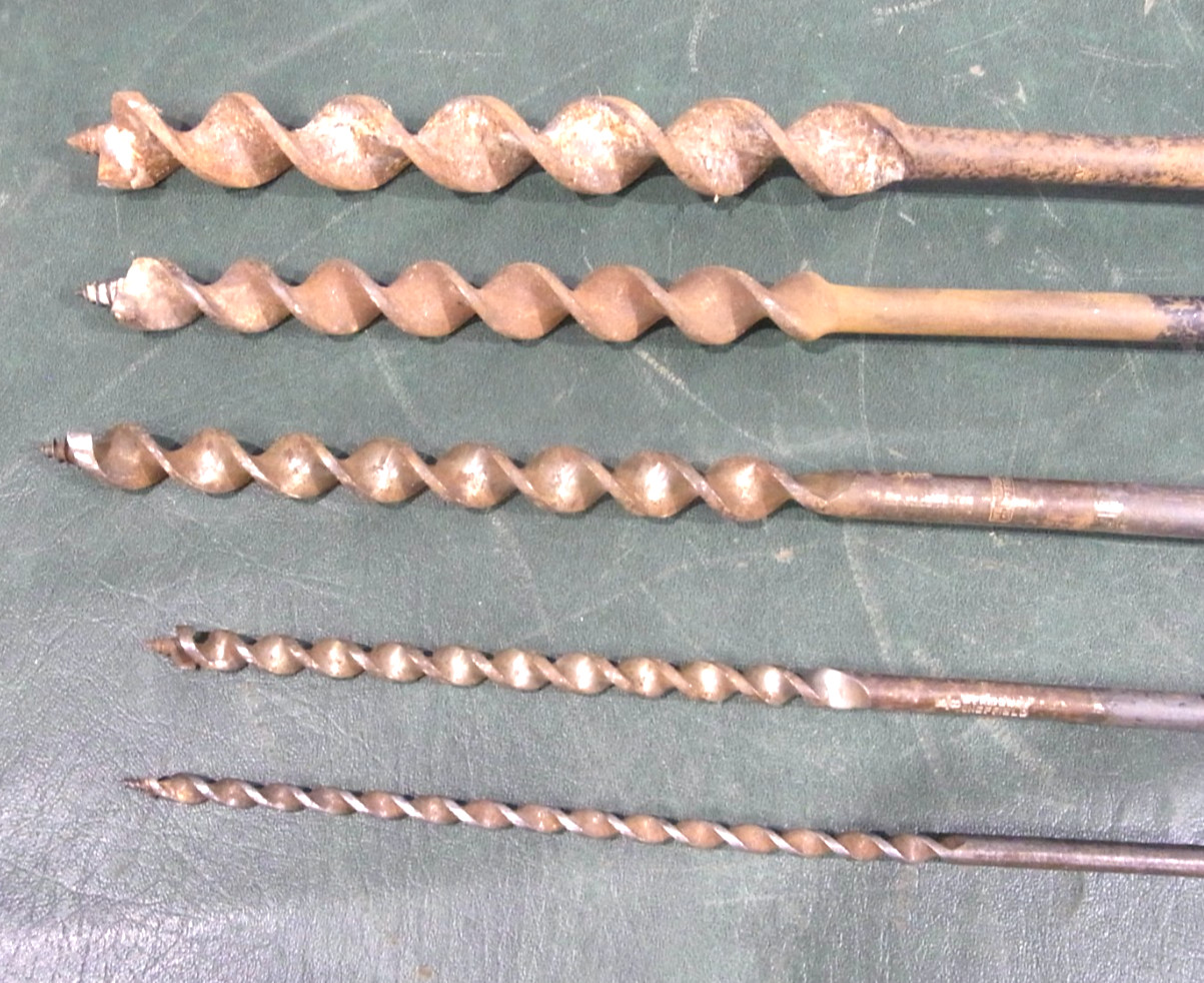 5x Barrel Scotch Eye Hand Augers 1/4″ to 1″ Cast Steel Ridgway Sheffield Gilpins