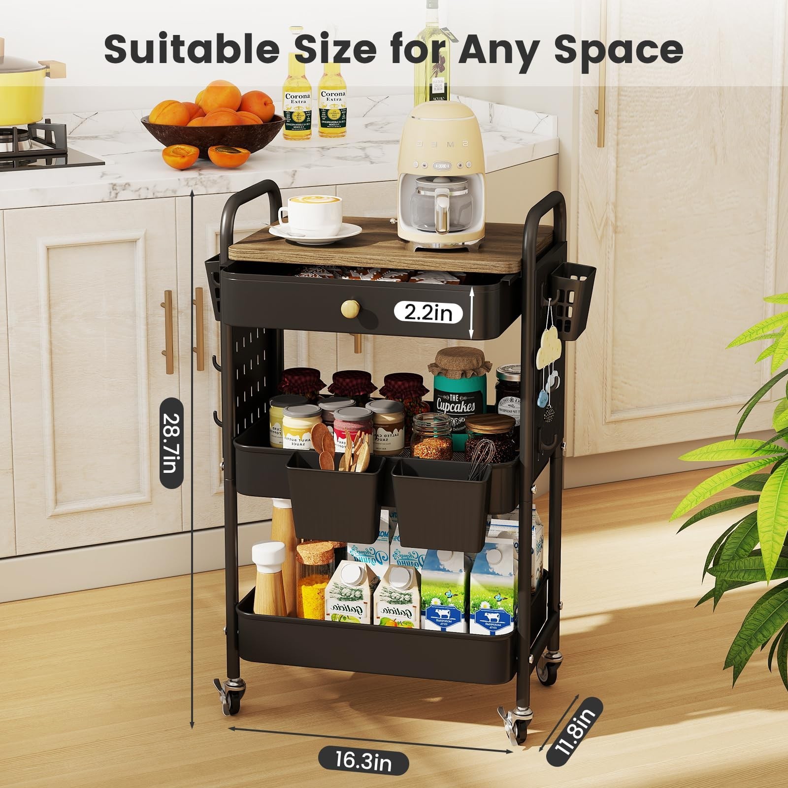 danpinera 3-Tier Rolling Cart, Metal Rolling Storage Cart with Wooden Table T…