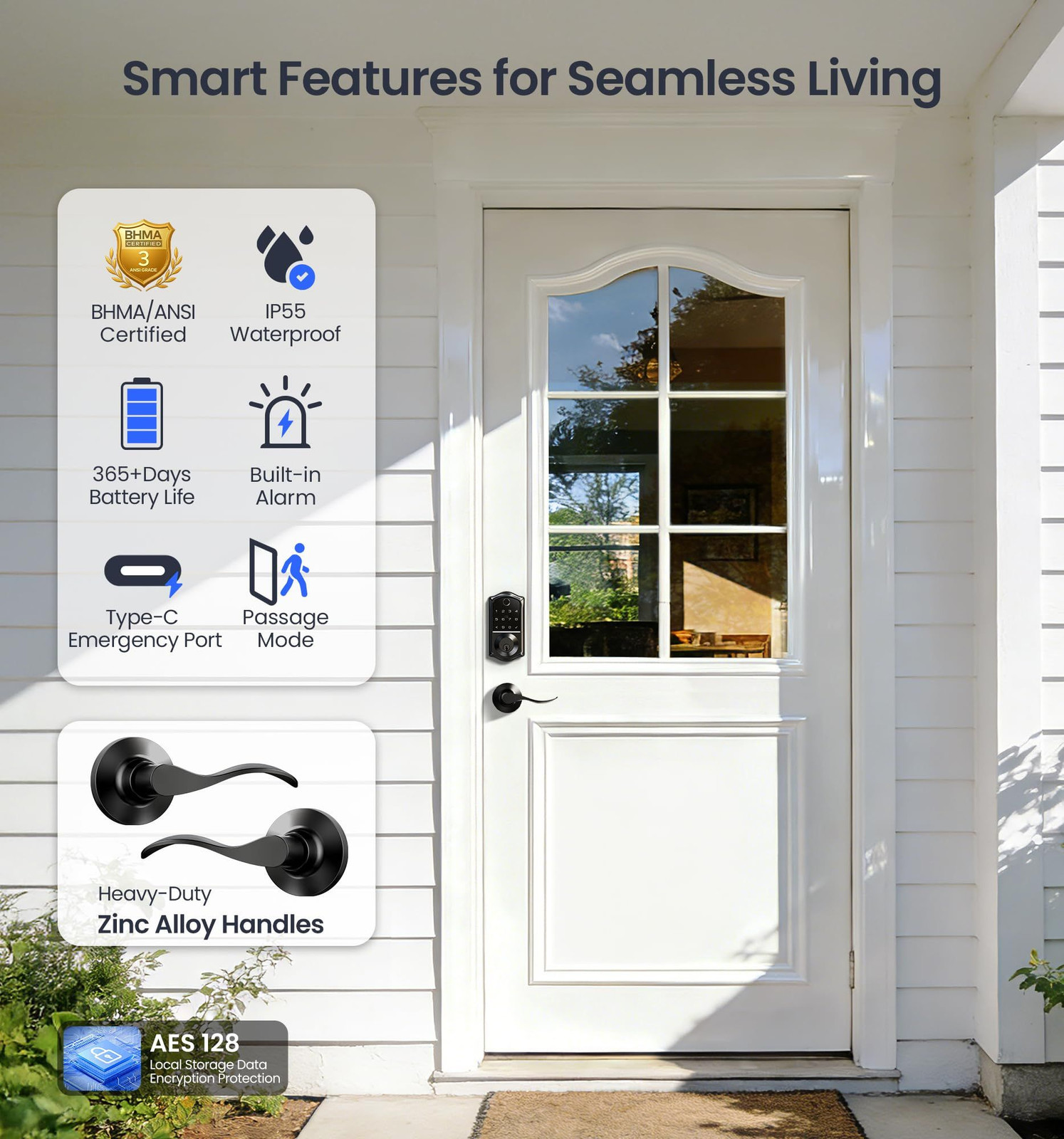 Veise VE017-L Fingerprint Smart Lock with Lever Handles, App Matte Black