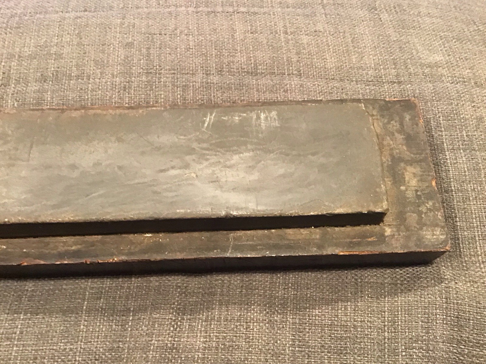 Vintage Antique Oil Sharpening Hone Stone 8” X 2” Wood Base Barn Find