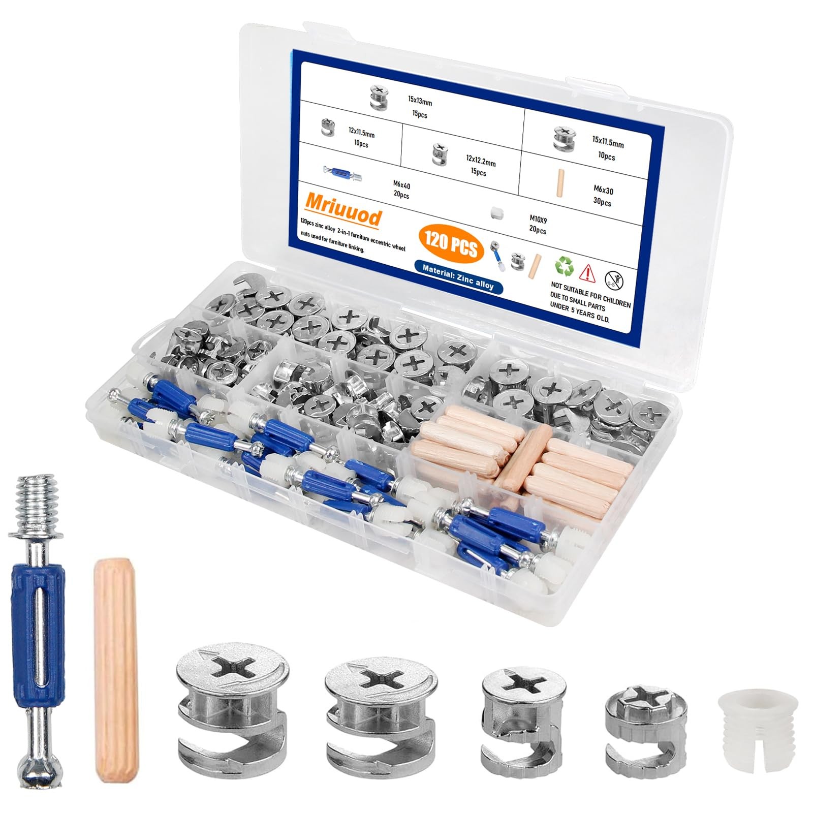 120Pcs Cam Lock for Furniture Assortment Kit, 3 in 1 Eccentric M6, silver