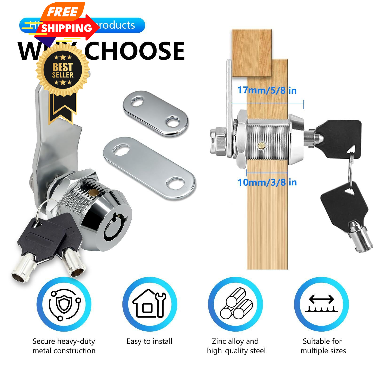 1Pack Toolbox Lock with Keys 5/8 Inch Cabinet Locks Keyed Alike Tubular Black