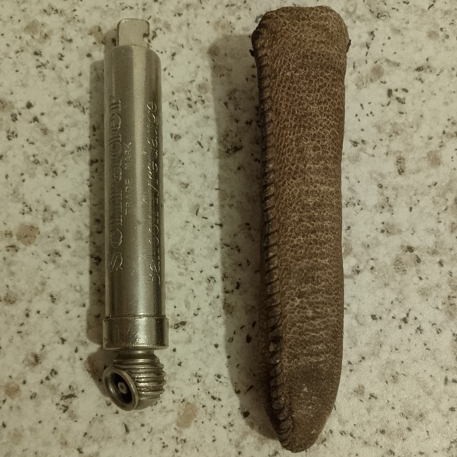 Vintage 1920s Schrader Balloon Tyre Pressure Gauge Brass Leather Sheath Case