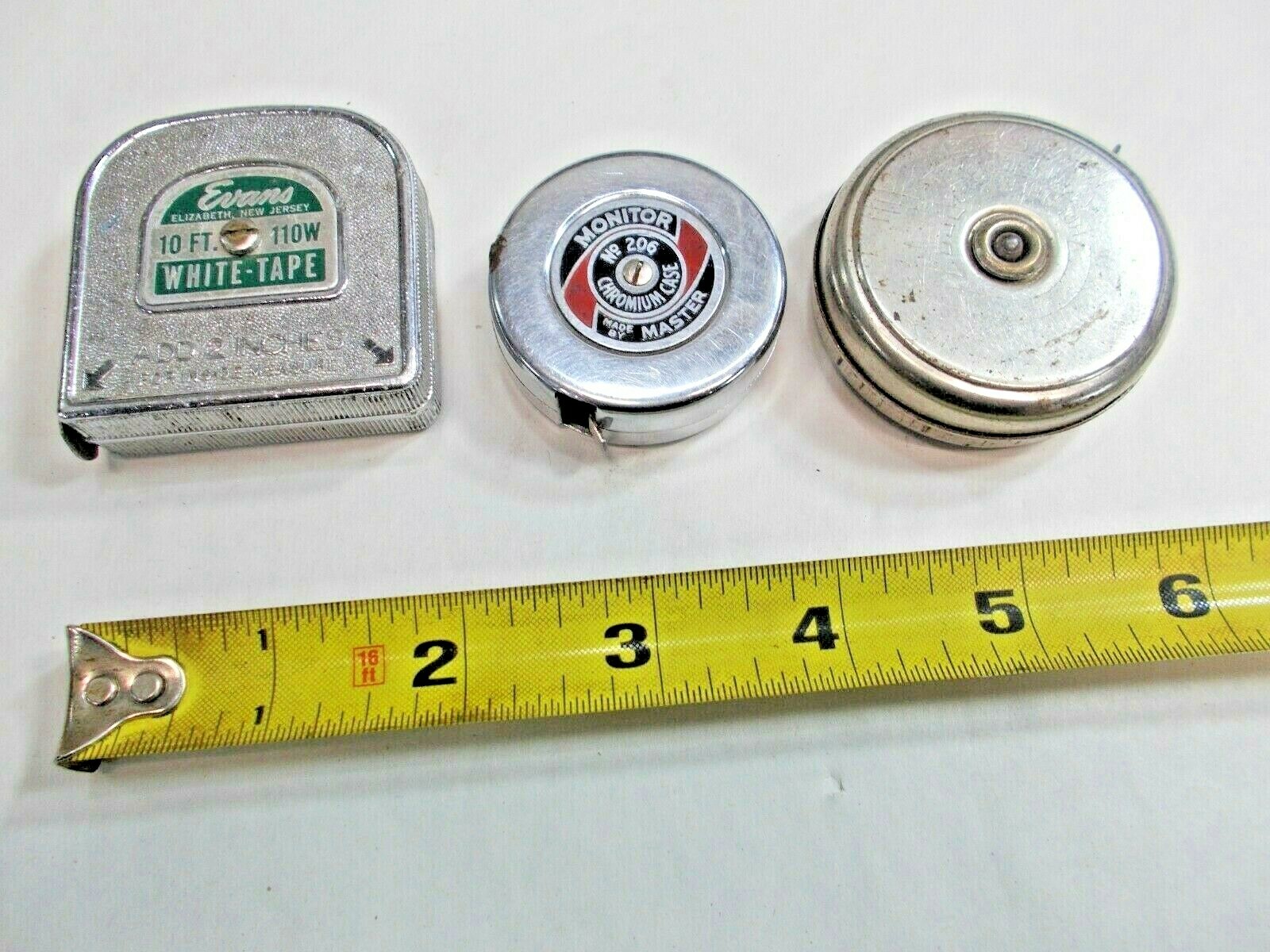 Lot of (3) Tape Measures, EVANS 10′ ft., PRESTO 6′ ft. & MONITOR 6′ ft.