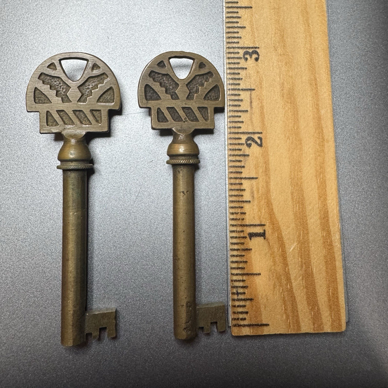 Antique Victorian Brass Skeleton Barrel Keys Pair Ornate Gothic Openwork 2-7/8”