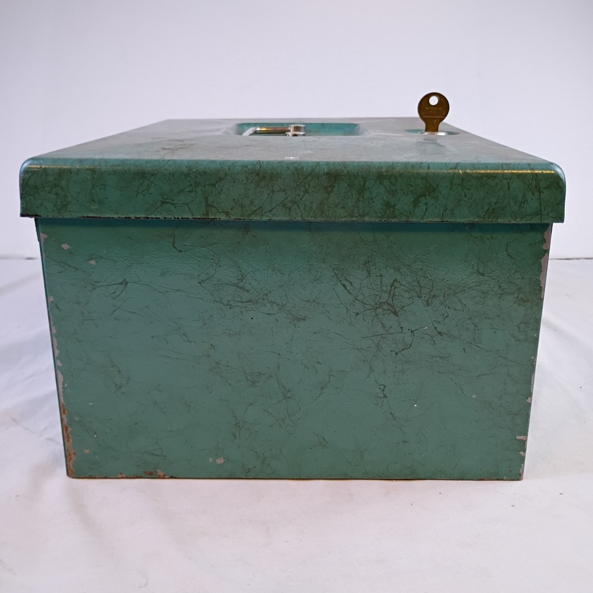 Vintage Sears Roebuck and Company Green Metal Lock Box with Handle and Key Heavy
