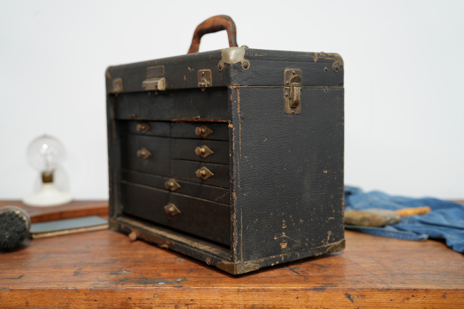 Antique Machinist Tool box Wood Chest vintage drawer case jewelry box