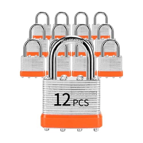 12 Pcs Keyed Alike Padlocks, 1-9/16″ (40mm) Laminated Steel, Orange, for Gates &