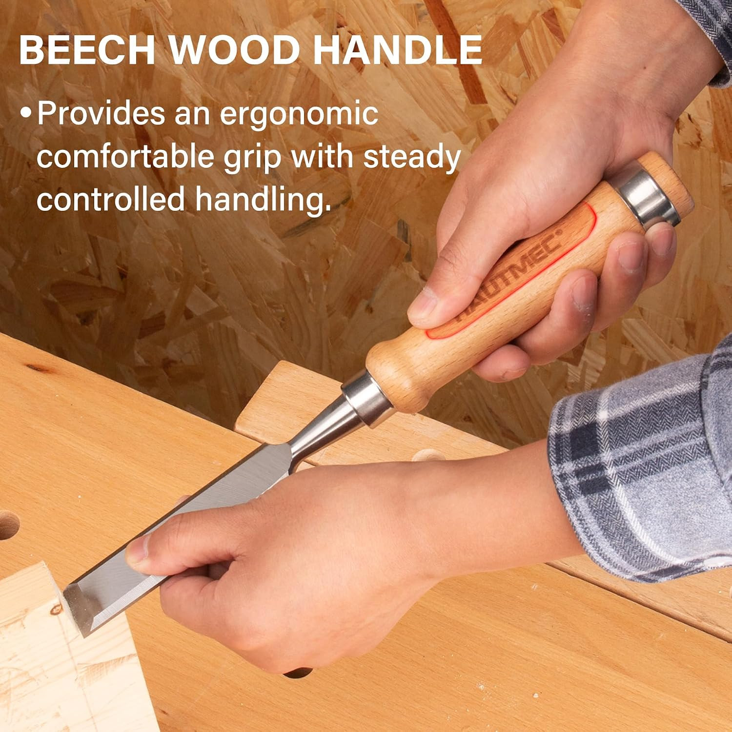 4-Piece Wood Chisel Set, 60CR-V Steel Blades, Beech Handles