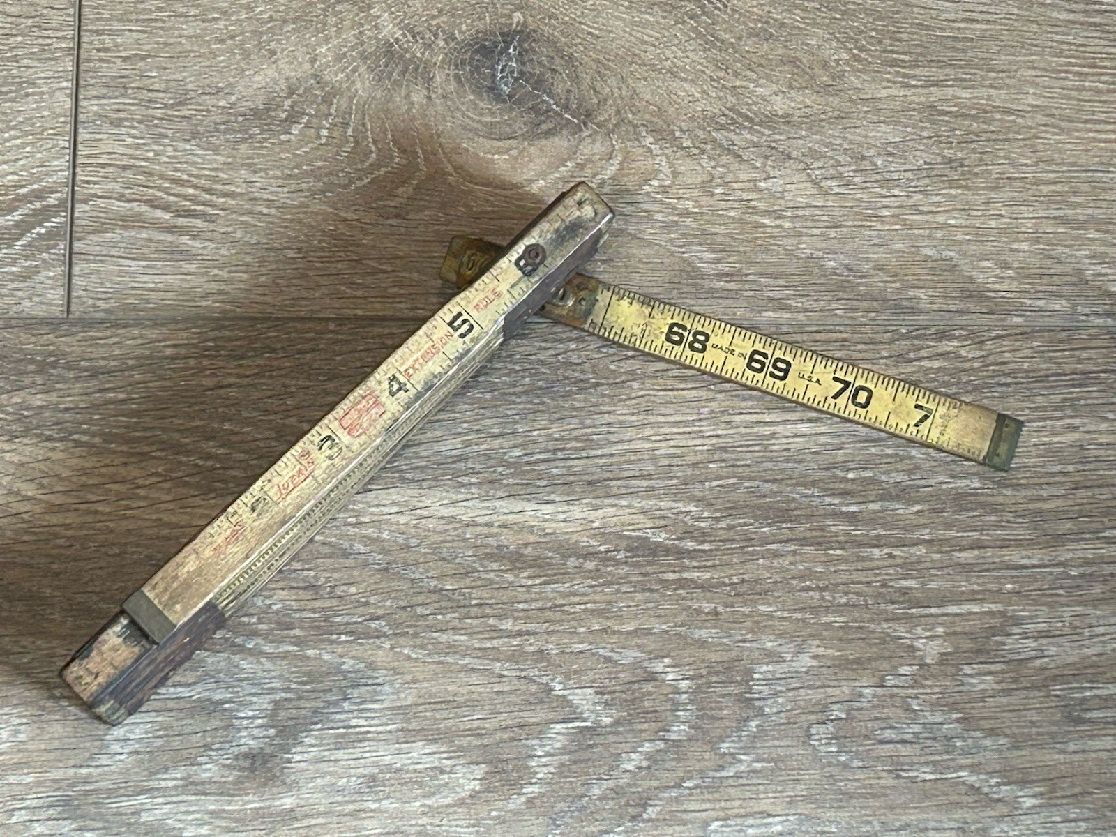 Antique Brass Slide Out Extension Rule Wood Folding Ruler Carpenters 72” Vintage