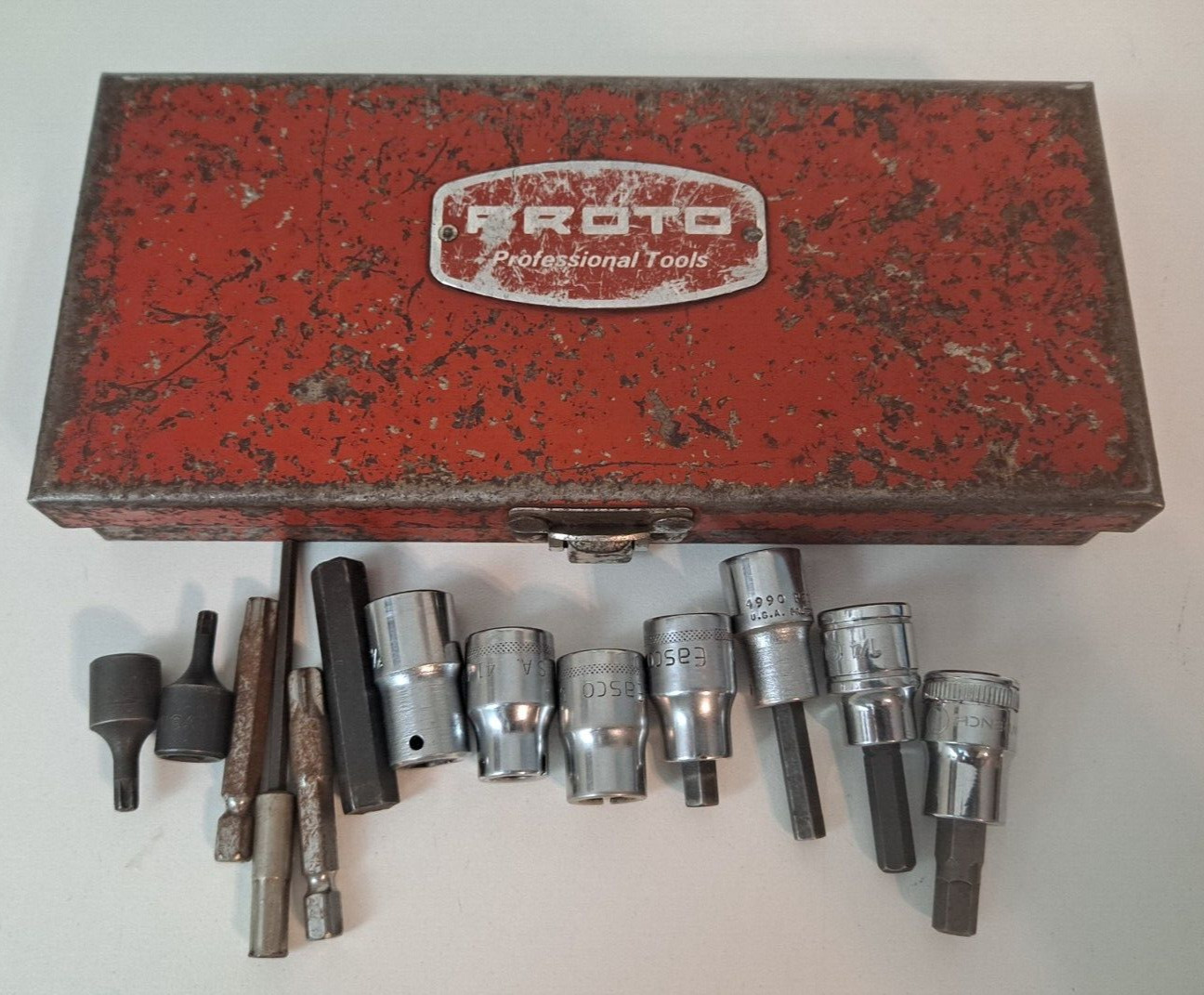 Vintage Proto Professional Tools Red Metal Tool Box with Misc Var. Brand Tools