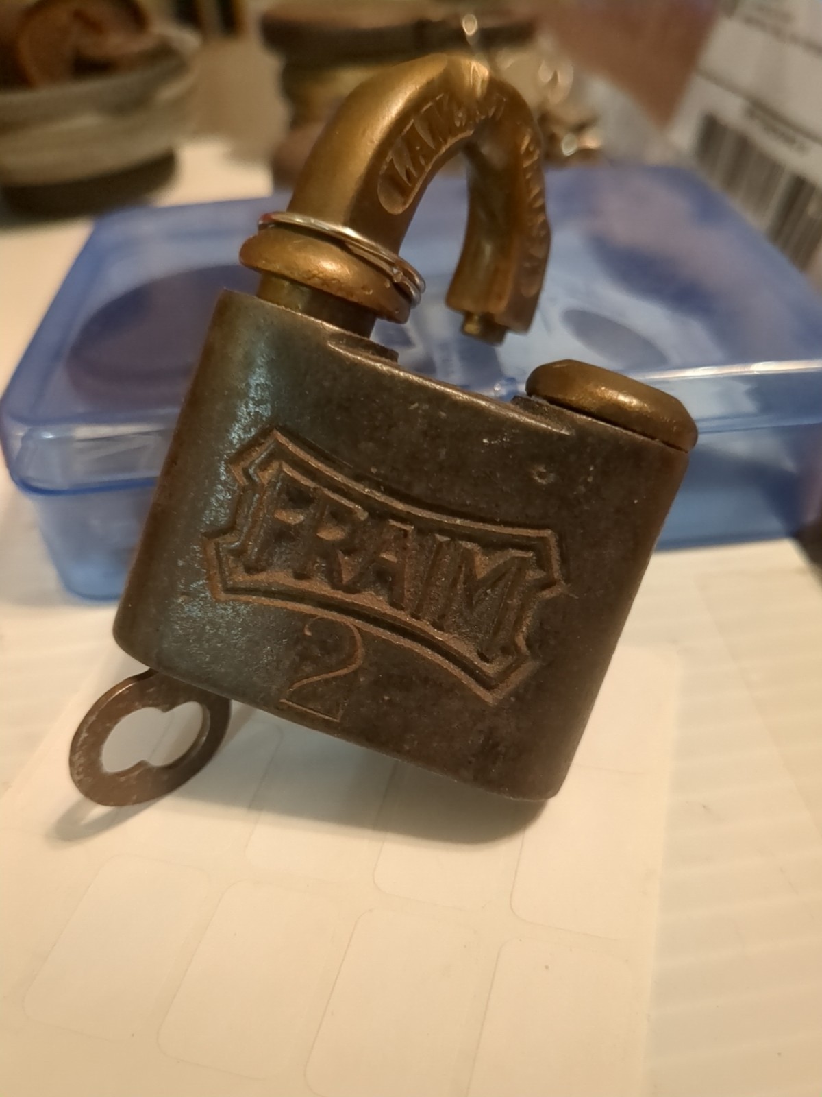 Vtg Fraim Heavy Brass Push Key Padlock One Key Art Deco Made in USA #121