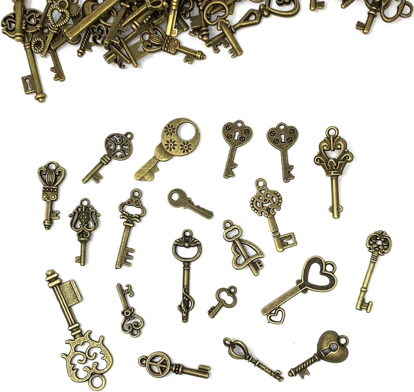 125 PCS Vintage Skeleton Key Set Charms, Mixed Antique Style Bronze Brass for…