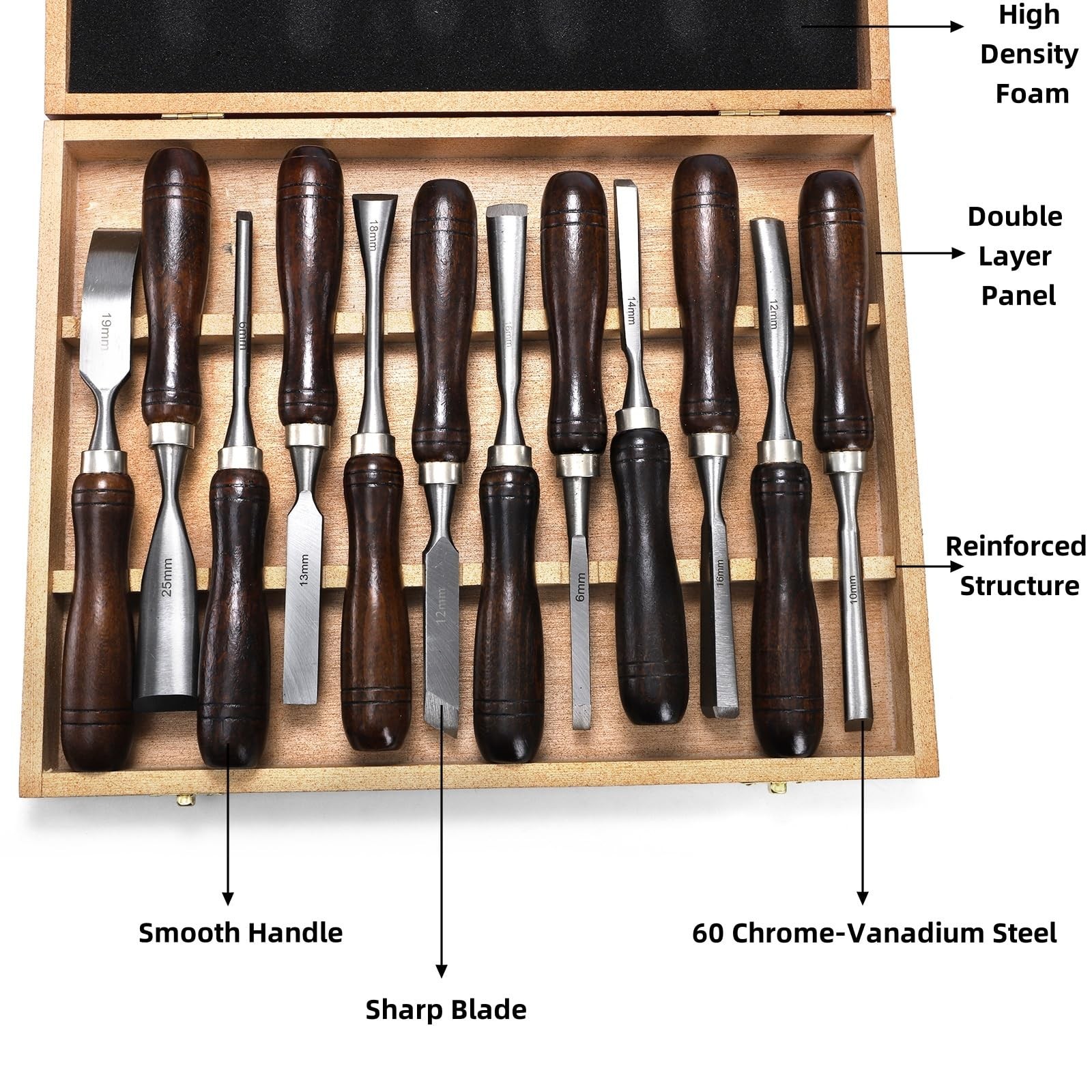12 Pieces Wood Chisel Set, Woodworking Carving Tools with Wooden Box, CR-V St…