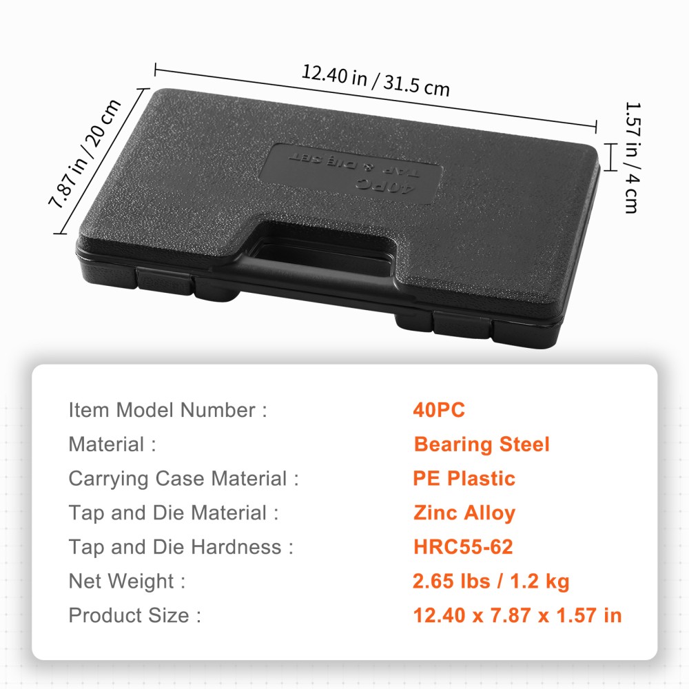 40PC M3-M12 Metric Tap Die Set Bearing Steel Thread Tool Storage Case