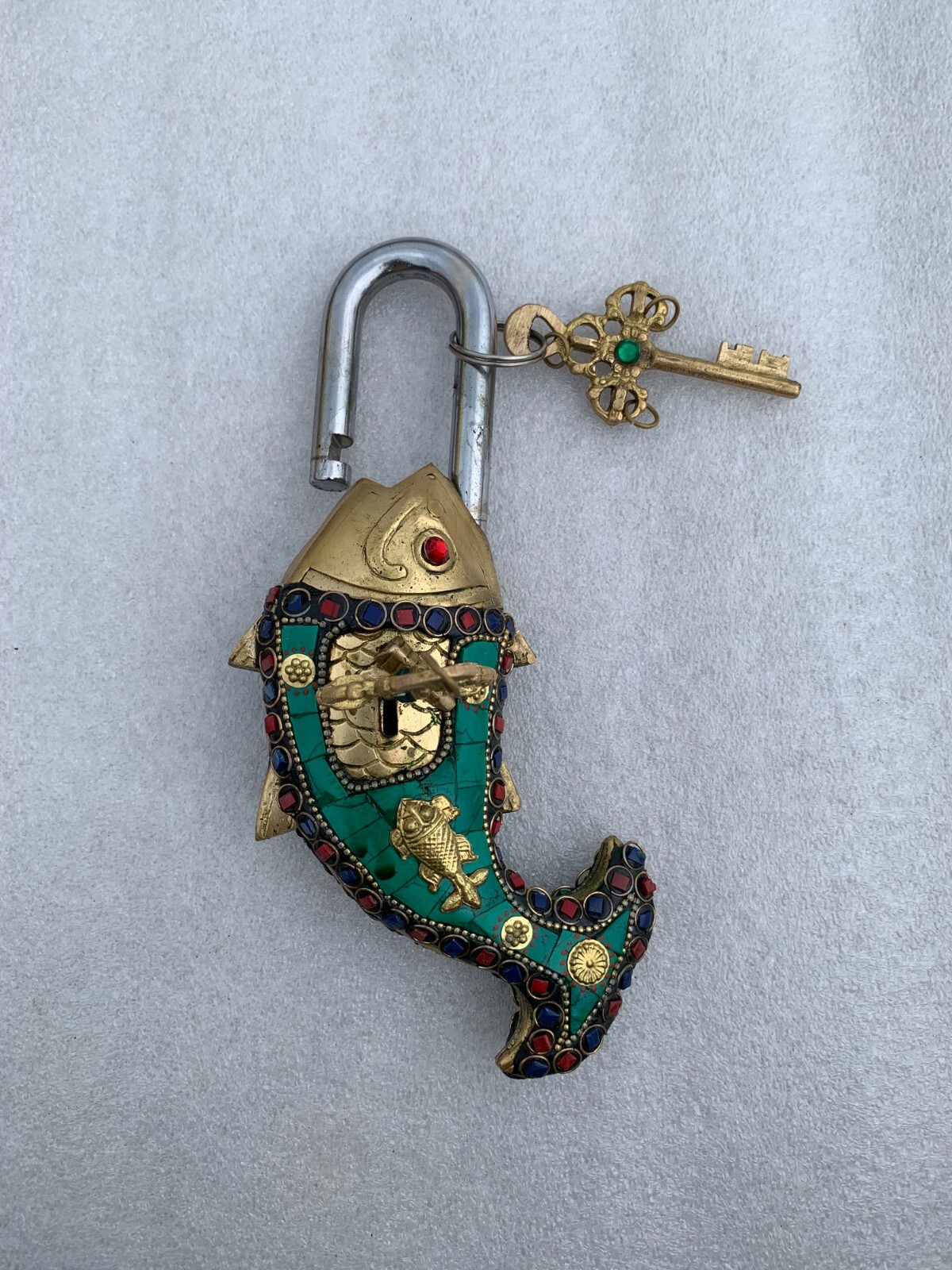 Brass Lock Fish design, Fish Shaped lock Stone work Vintage Door Lock With 2 Key