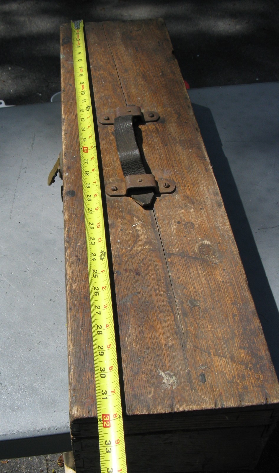 Antique Carpenters Box Wood Toolbox Brass Latch Leather Handle 32″ L