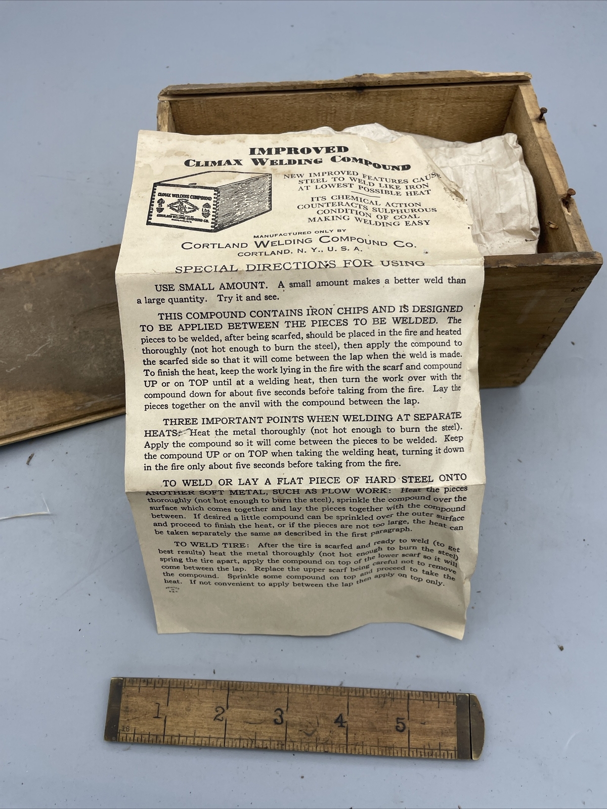 Climax Welding Compound Full 5 Lb Wooden Box Antique Cortland NY w/ Instructions