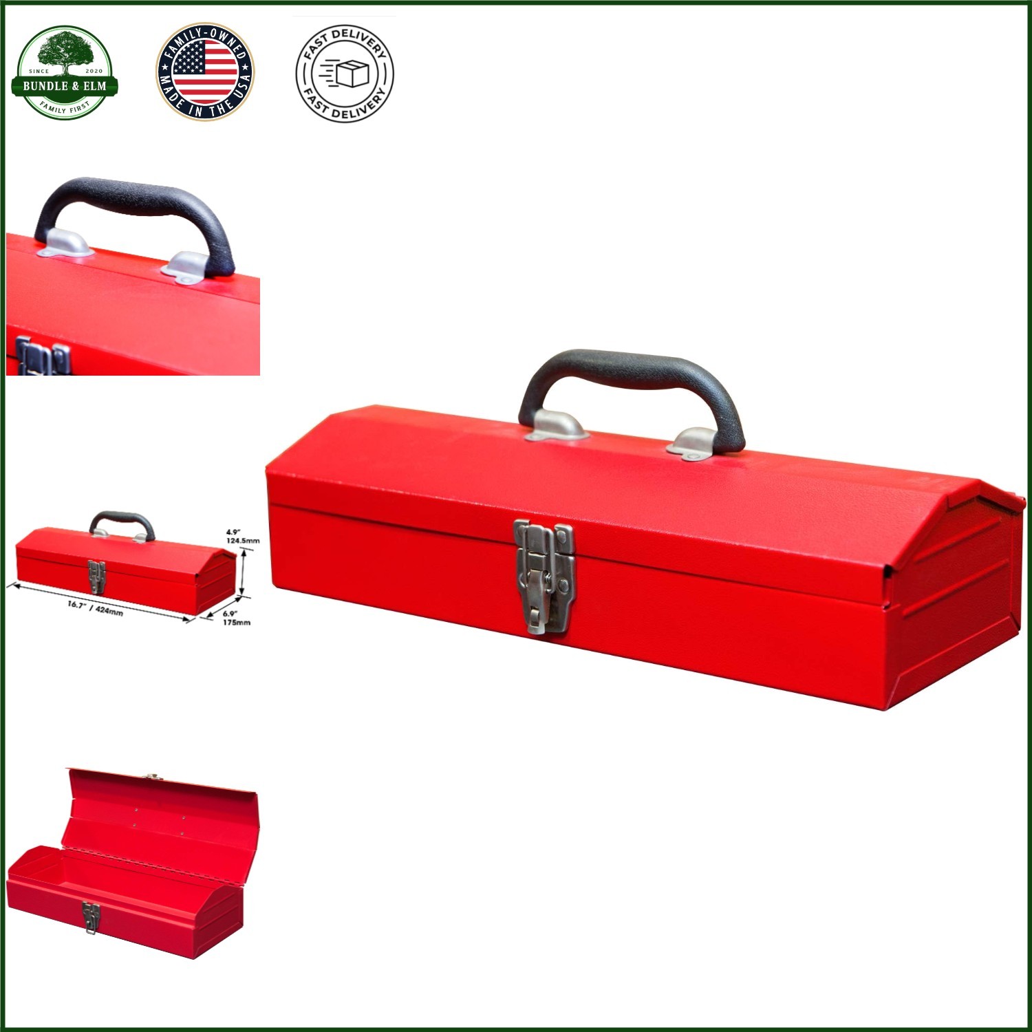 Portable 16-Inch Metal Tool Box with Handle and Latch Closure for Storage
