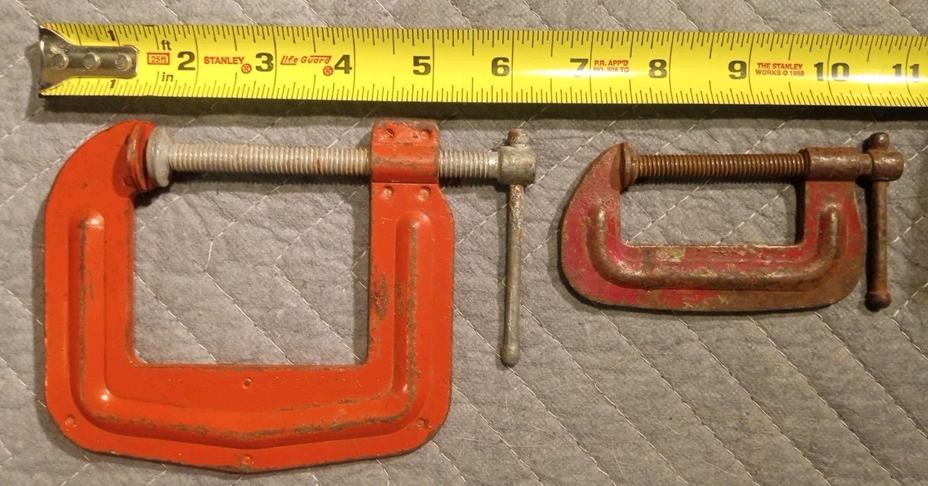 Lot of Two C-Clamps Stanley H155 2 1/2 x 2 1/2 and Unbranded 2″ x 1″ Clamp Nice