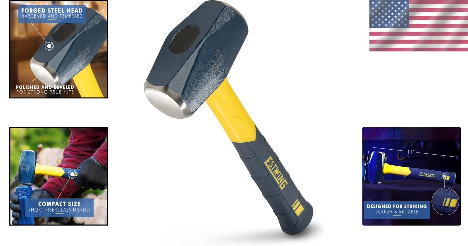 Versatile 3 lbs Drilling Hammer – Lightweight Fiberglass Handle & Cushion Grip