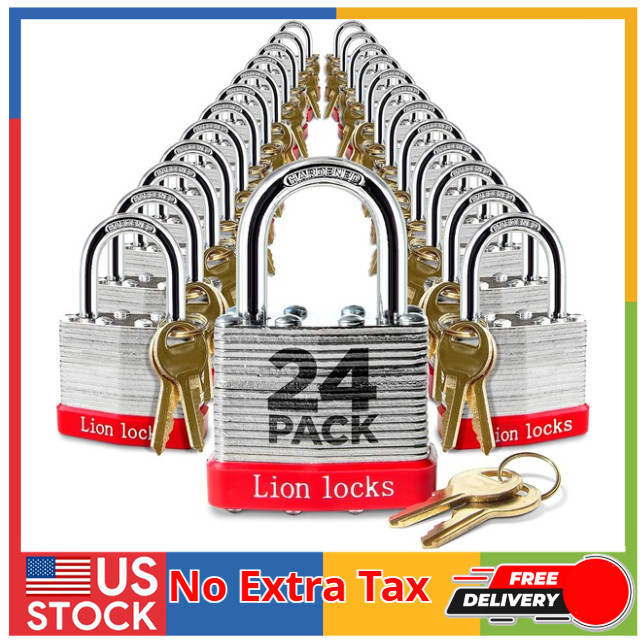 24 Keyed-Alike Padlocks W/ 1.25” Shackle, 48 Keys, Hardened Steel Case, Brass