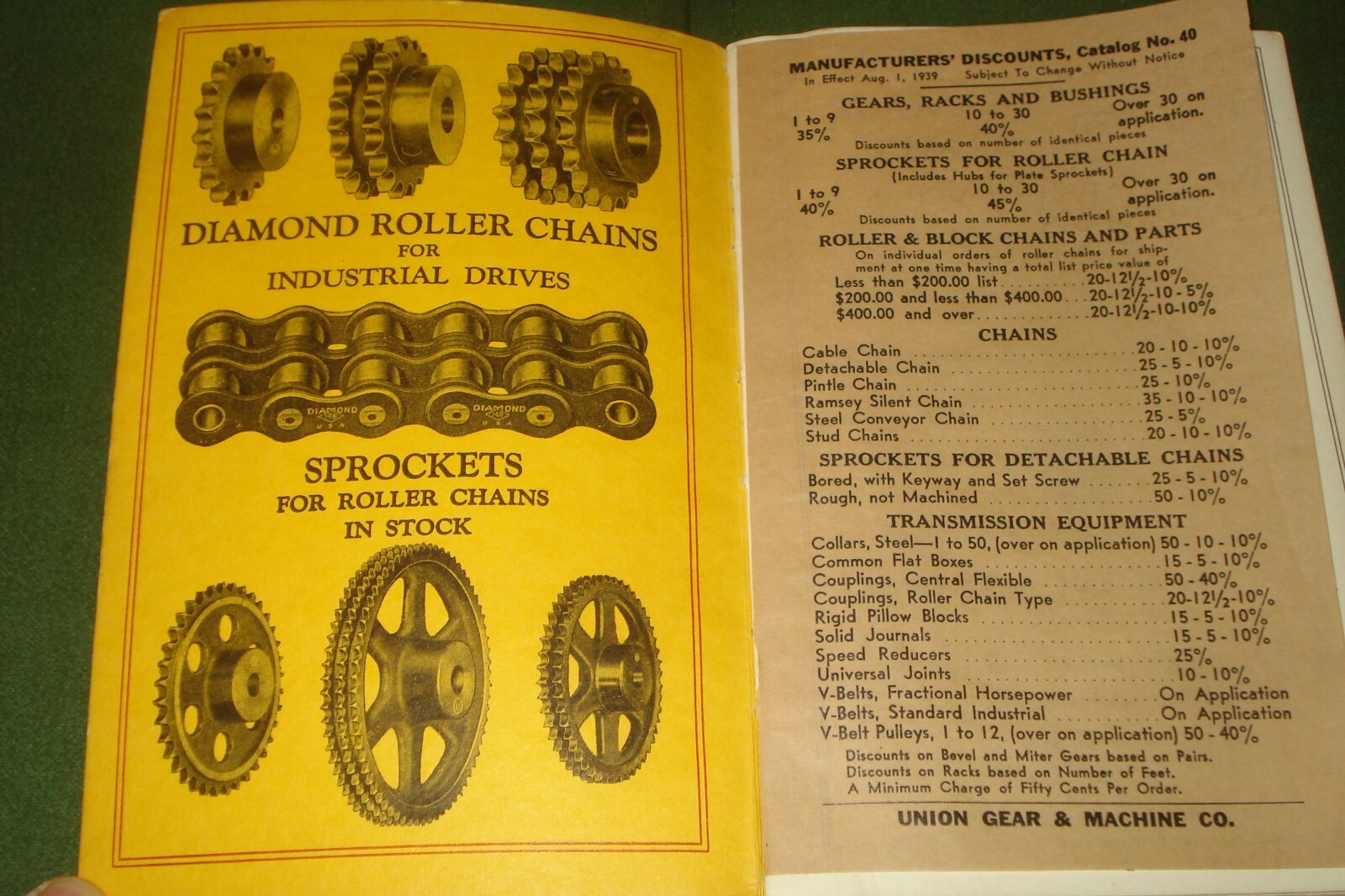 Gears Sprockets Chains. Union Gear & Machine Catalog 1940. Boston, Mass.