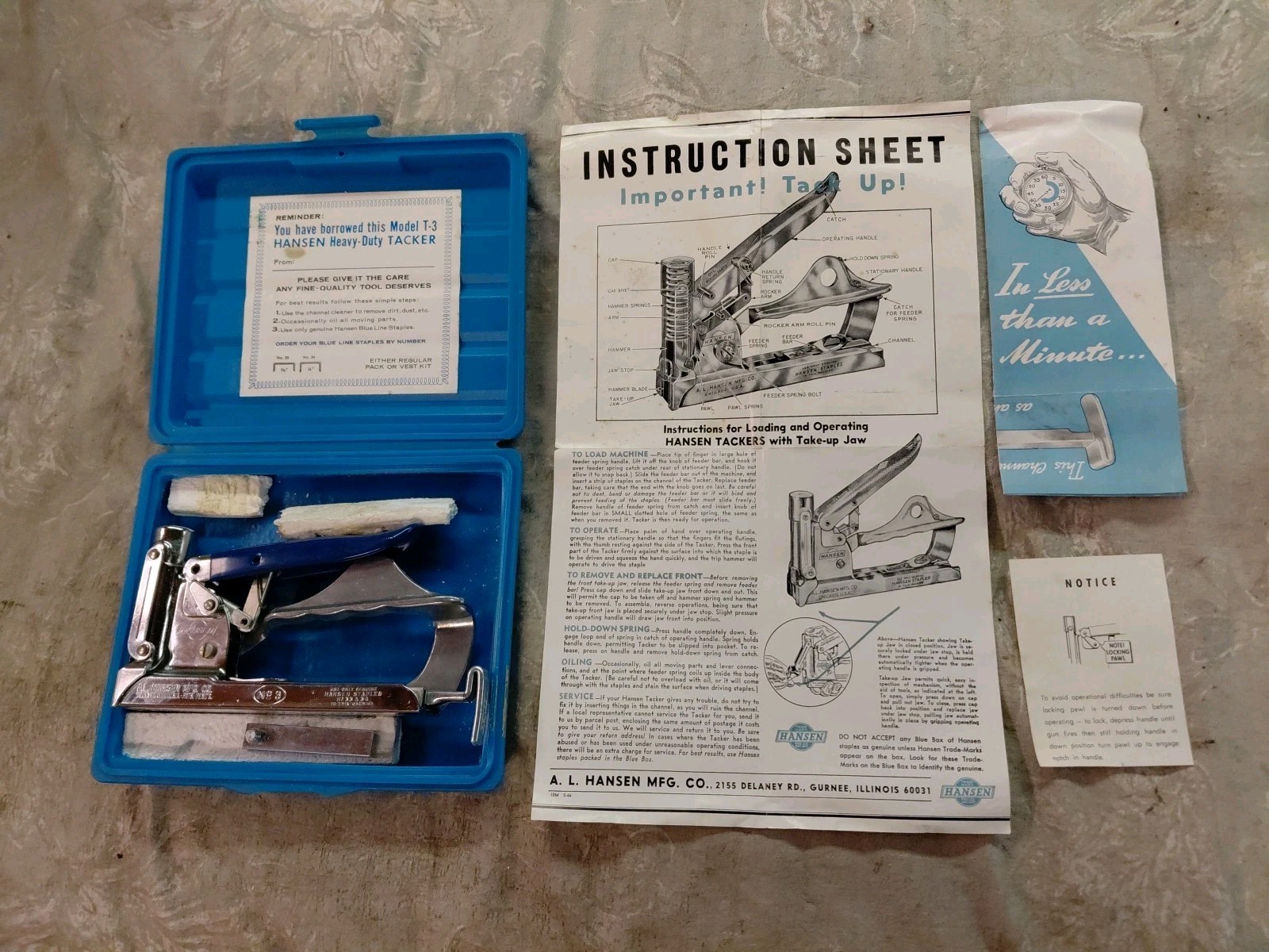 Vintage Hansen Model T-3 HD Tacker Take up Jaw Original Packaging Instructions