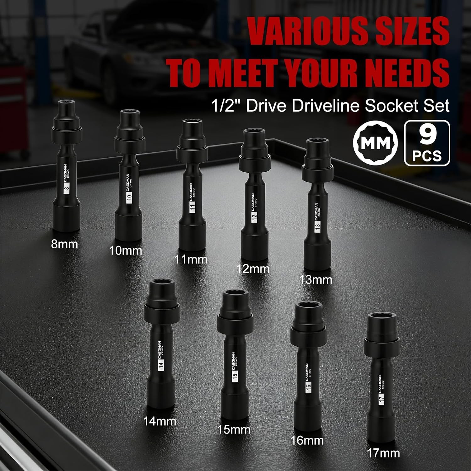 9-Piece 1/2 Inch Drive Driveline Limited Clearance Socket Set,Deep Impact Swivel