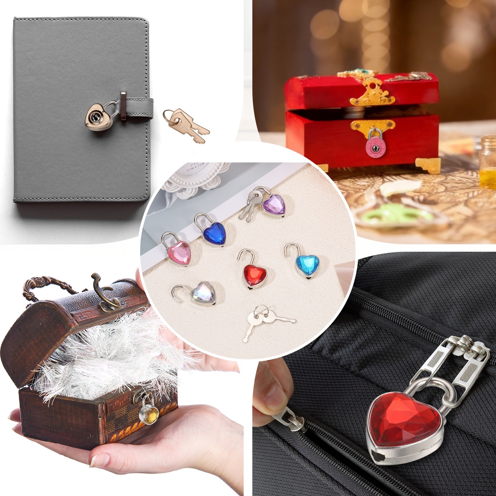 6Pcs Mini Diary Padlock, Small Heart Shaped Lock with 2 Keys Purple